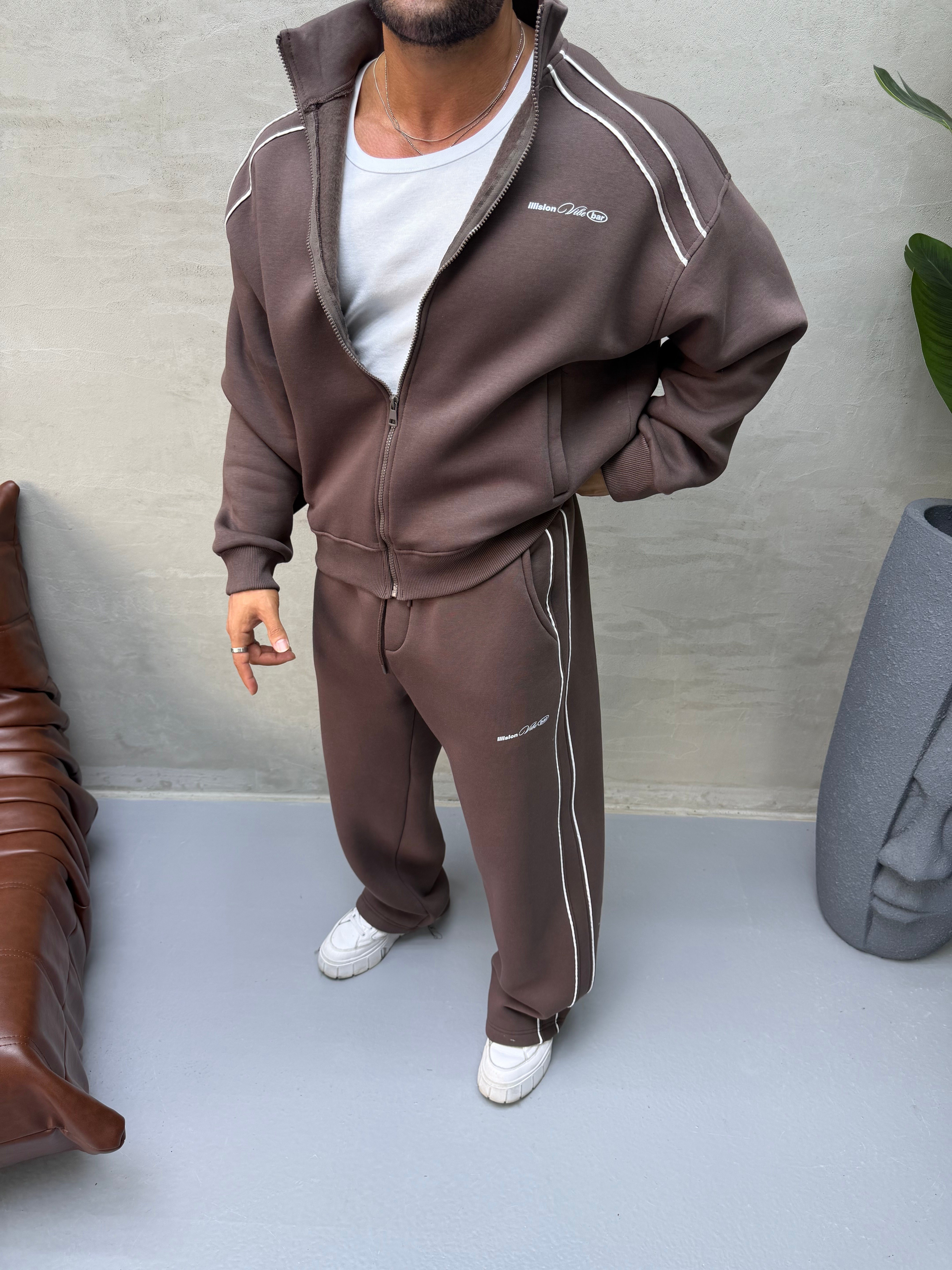 OVERSIZE ÇİFT BİYE DETAYLI EŞOFMAN TAKIMI KAHVERENGİ 