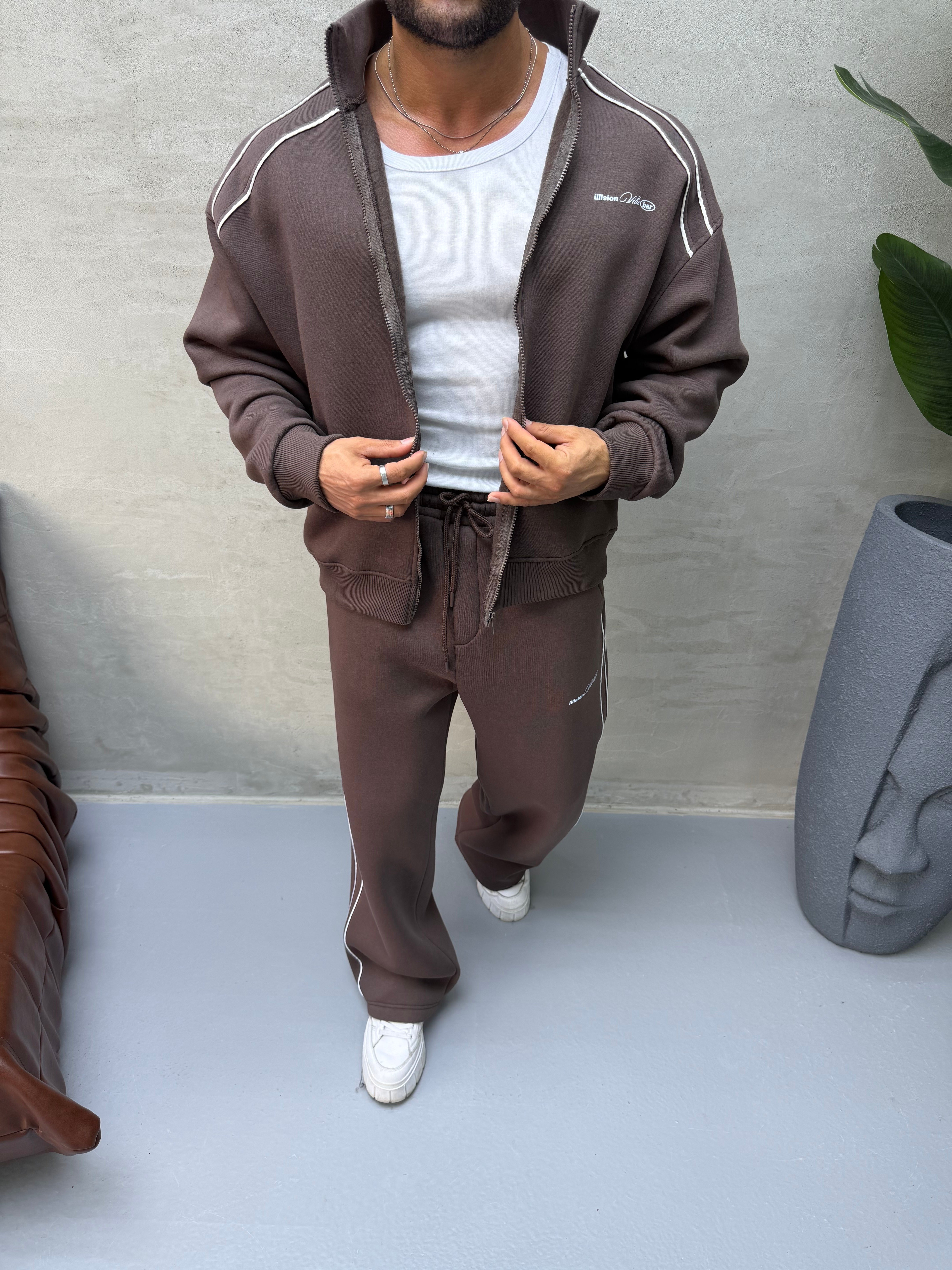 OVERSIZE ÇİFT BİYE DETAYLI EŞOFMAN TAKIMI KAHVERENGİ 