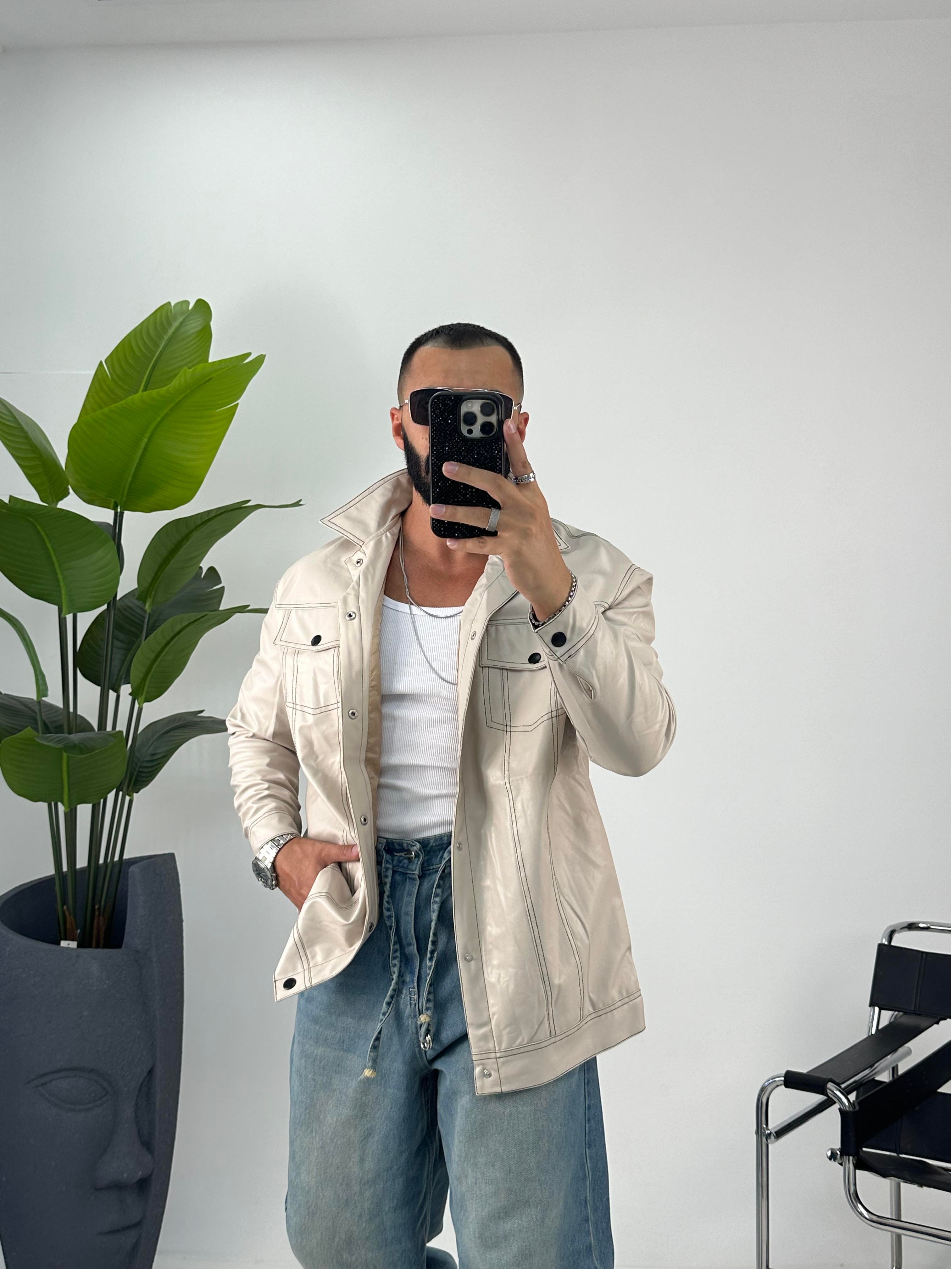 OVERSİZE ÇİFT CEPLİ DERİ GÖMLEK BEJ