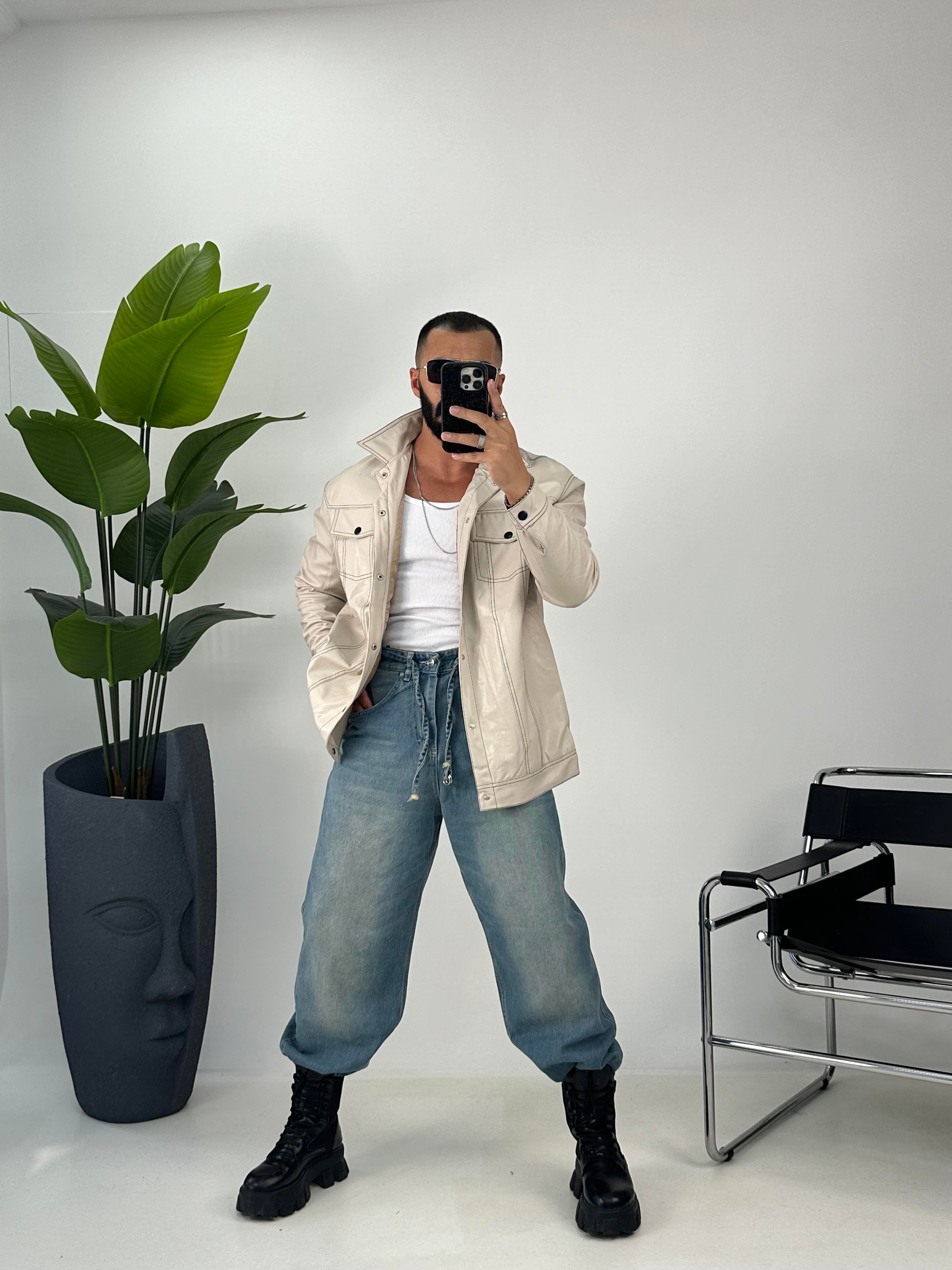 OVERSİZE ÇİFT CEPLİ DERİ GÖMLEK BEJ