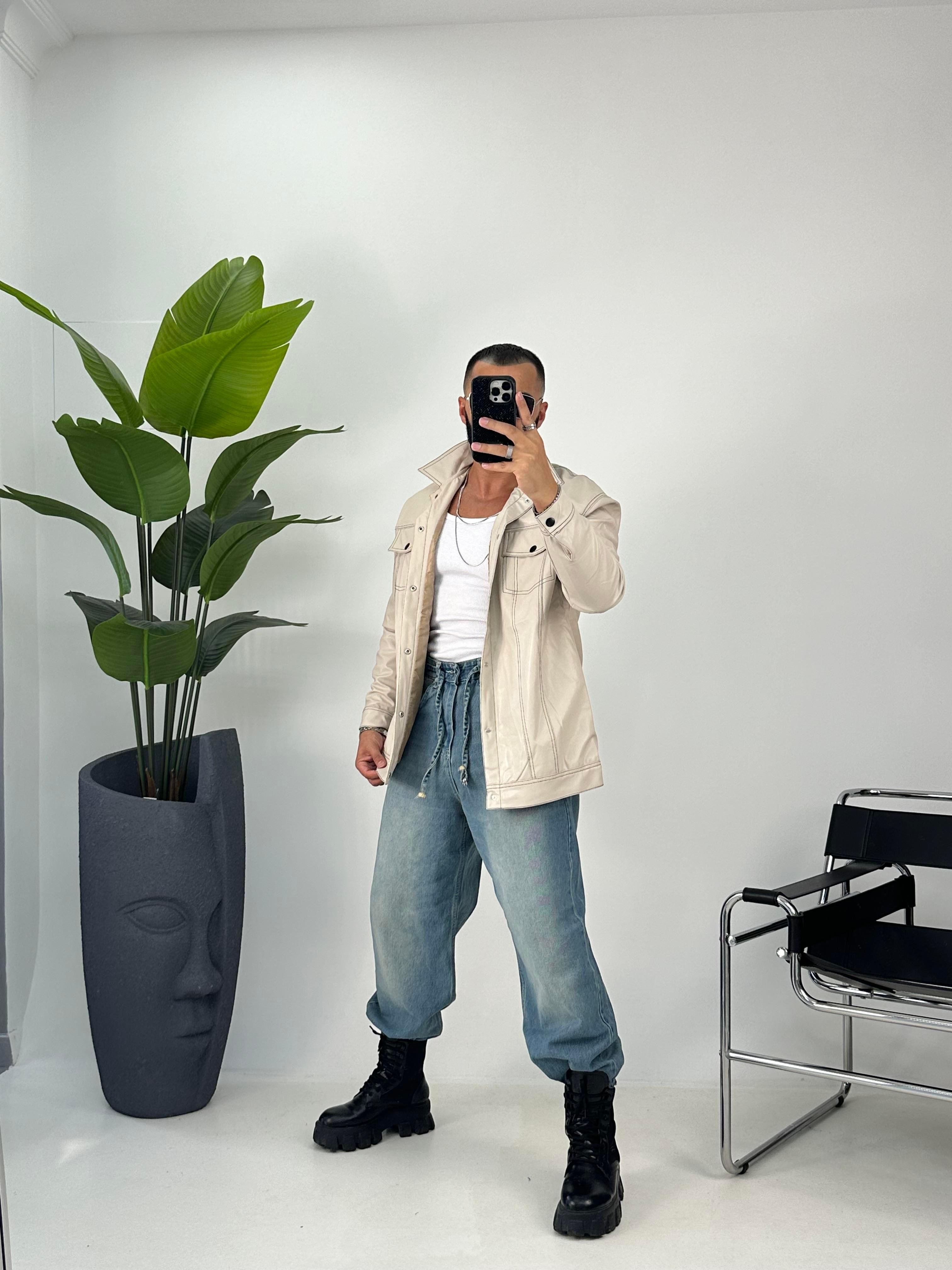 OVERSİZE ÇİFT CEPLİ DERİ GÖMLEK BEJ