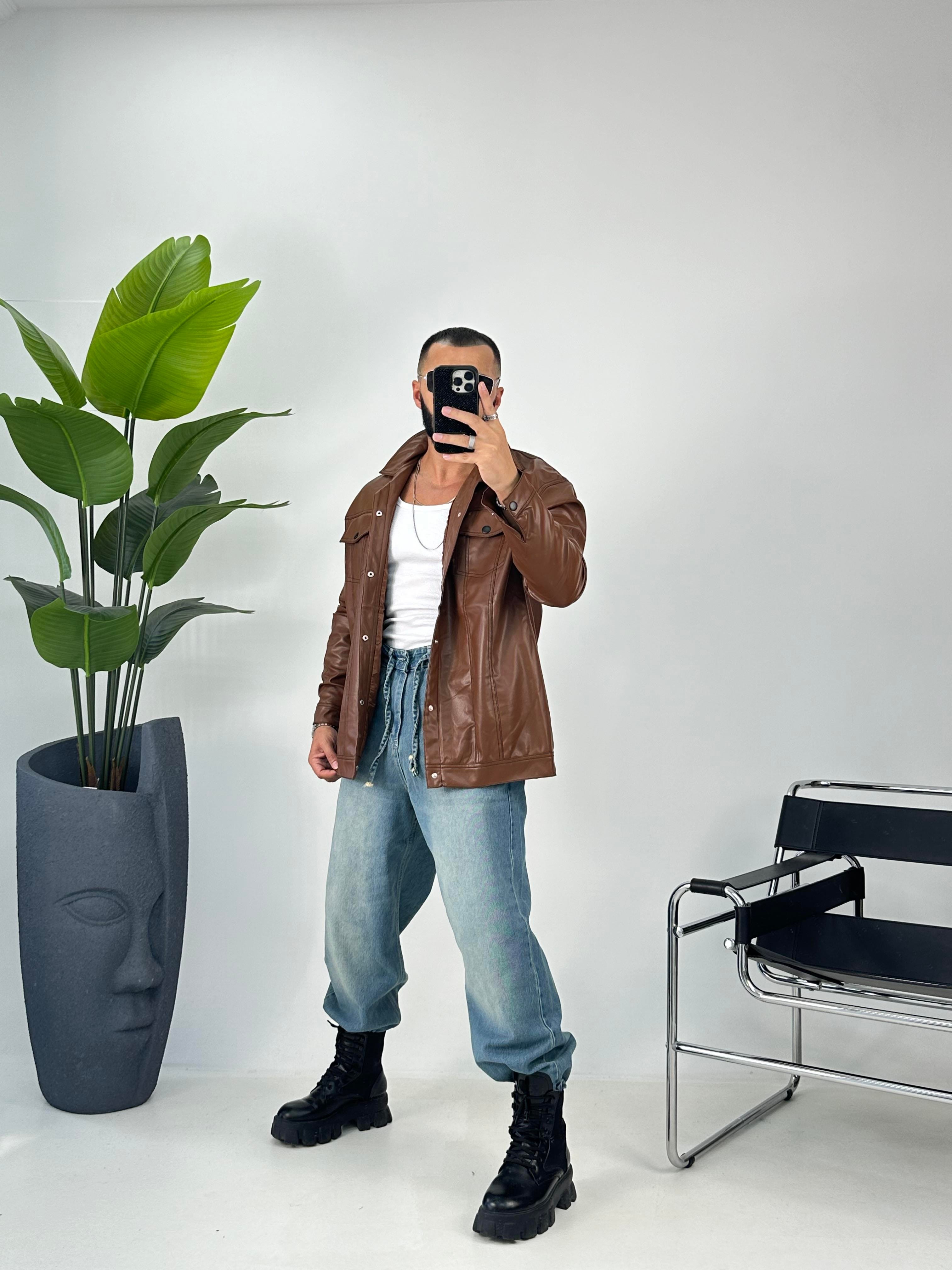 OVERSİZE ÇİFT CEPLİ DERİ GÖMLEK TABA