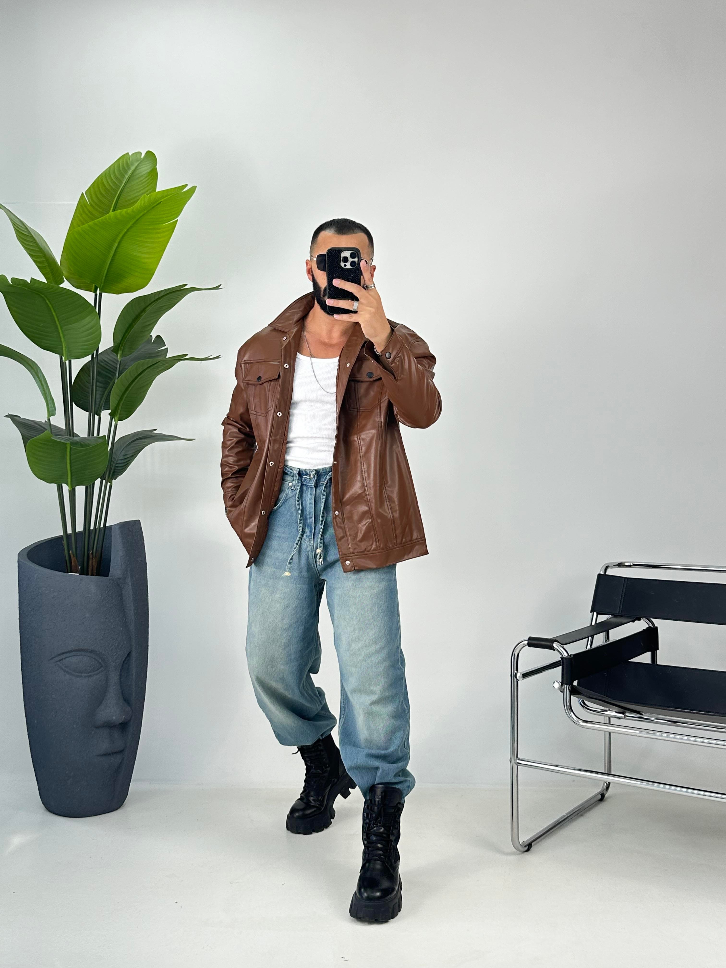 OVERSİZE ÇİFT CEPLİ DERİ GÖMLEK TABA