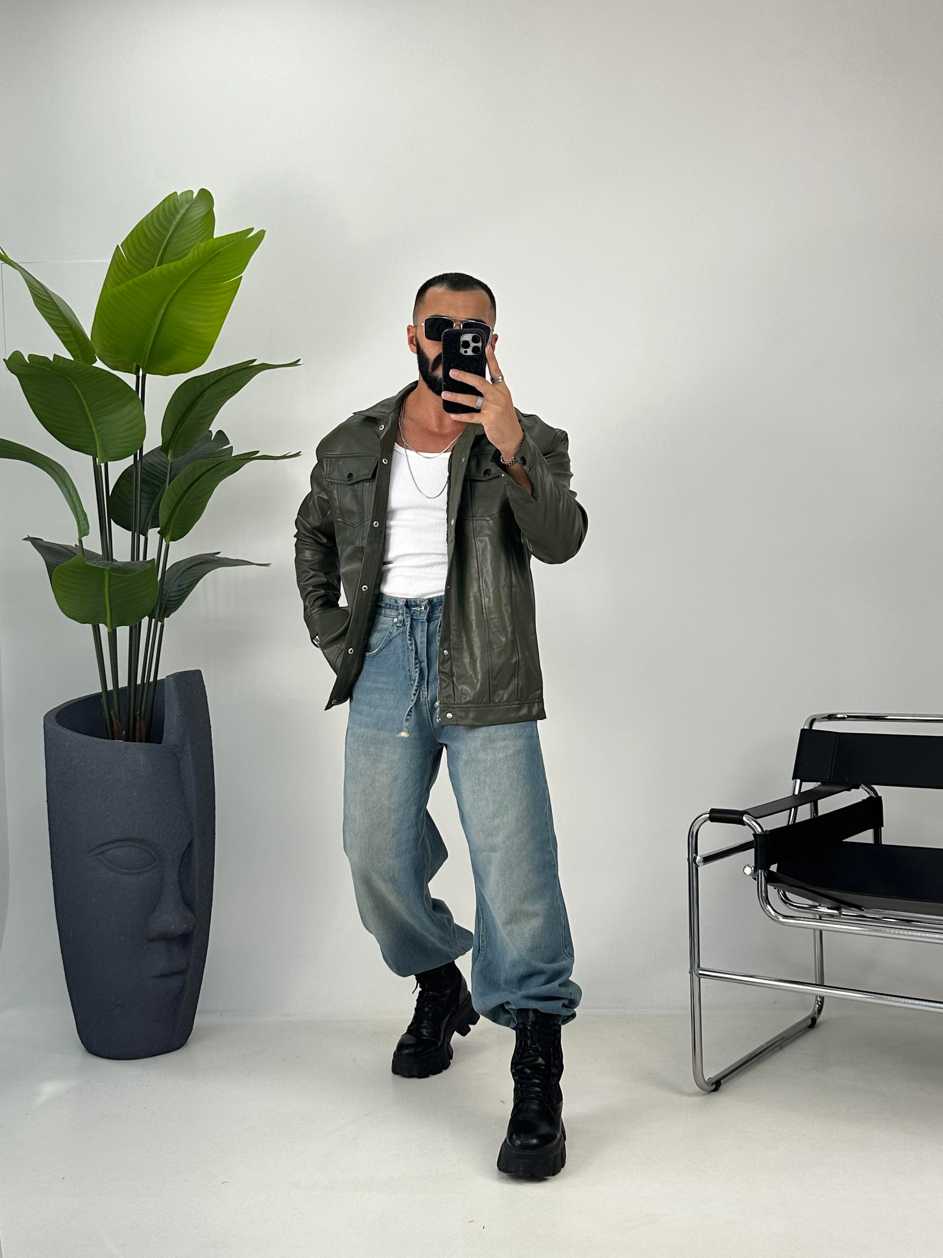 OVERSİZE ÇİFT CEPLİ DERİ GÖMLEK YEŞİL