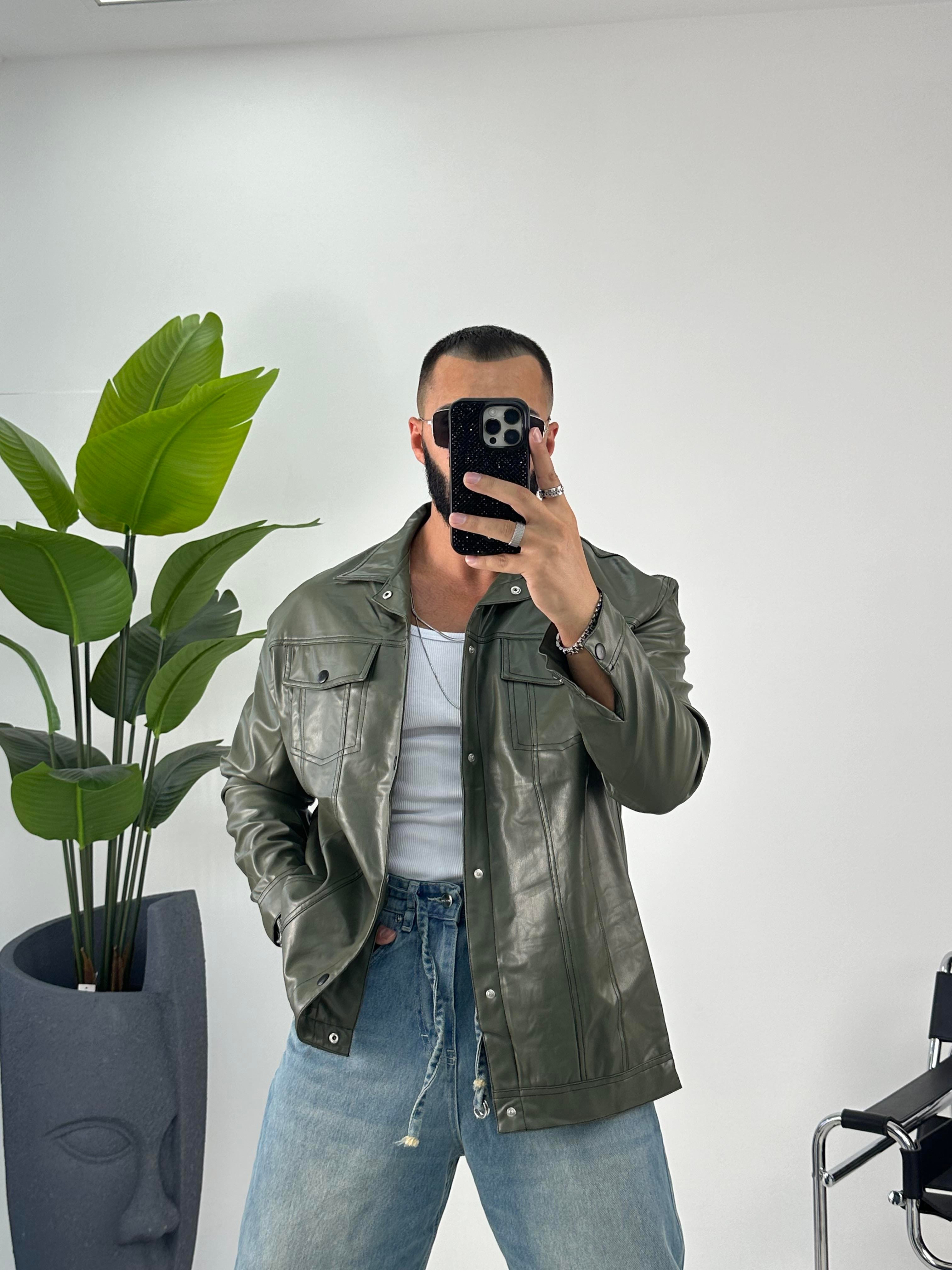 OVERSİZE ÇİFT CEPLİ DERİ GÖMLEK YEŞİL