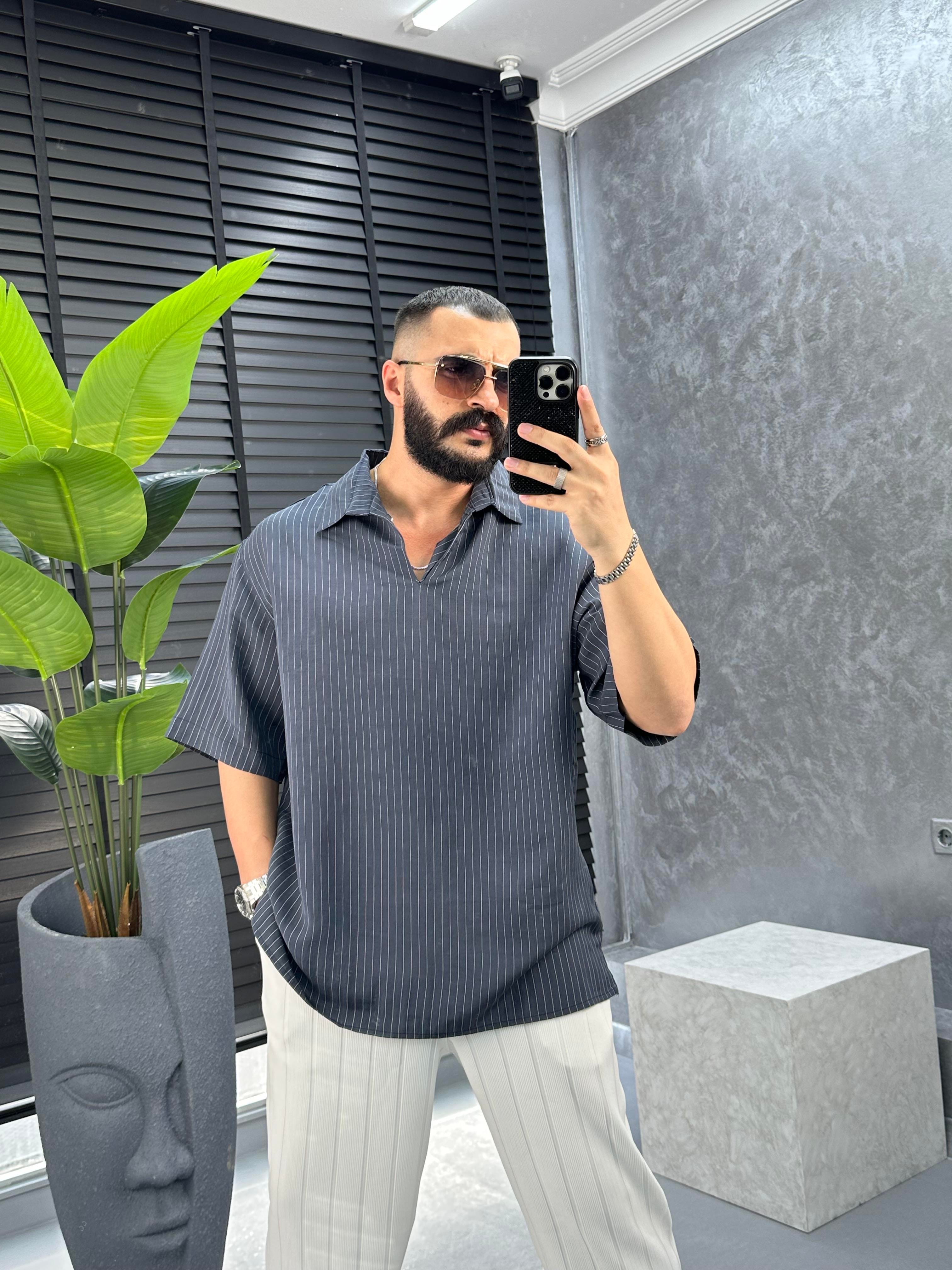 oversize çizgili polo yaka