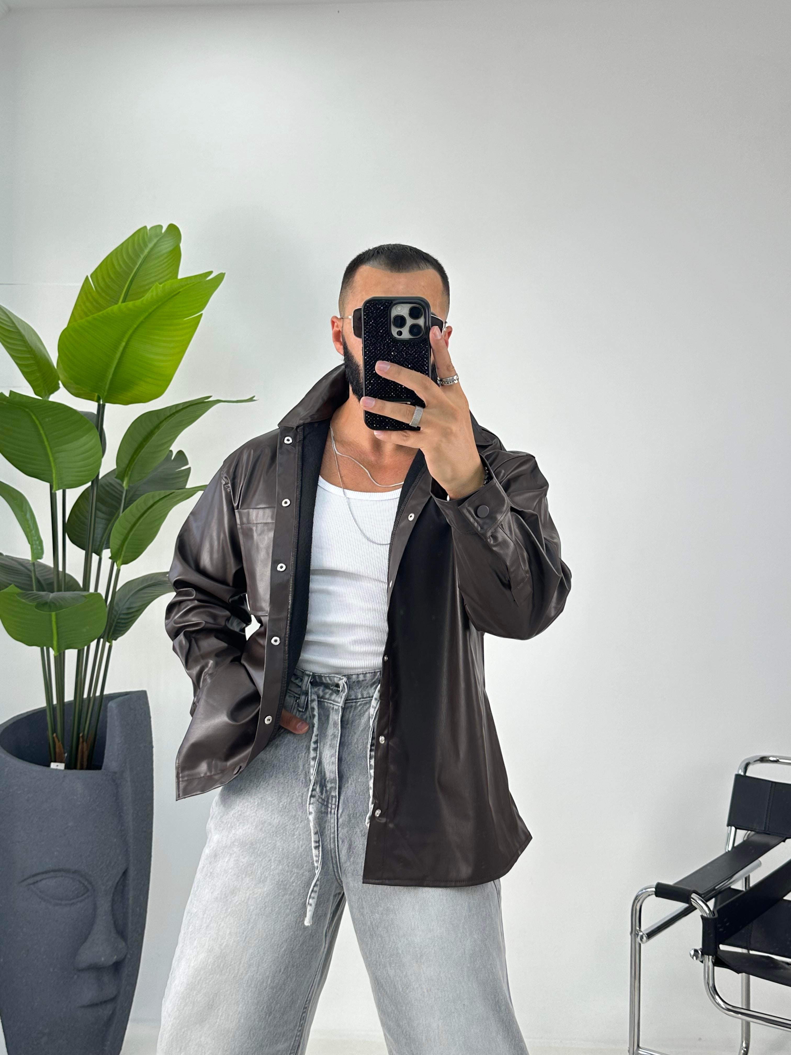 OVERSİZE DERİ GÖMLEK ACI KAHVE