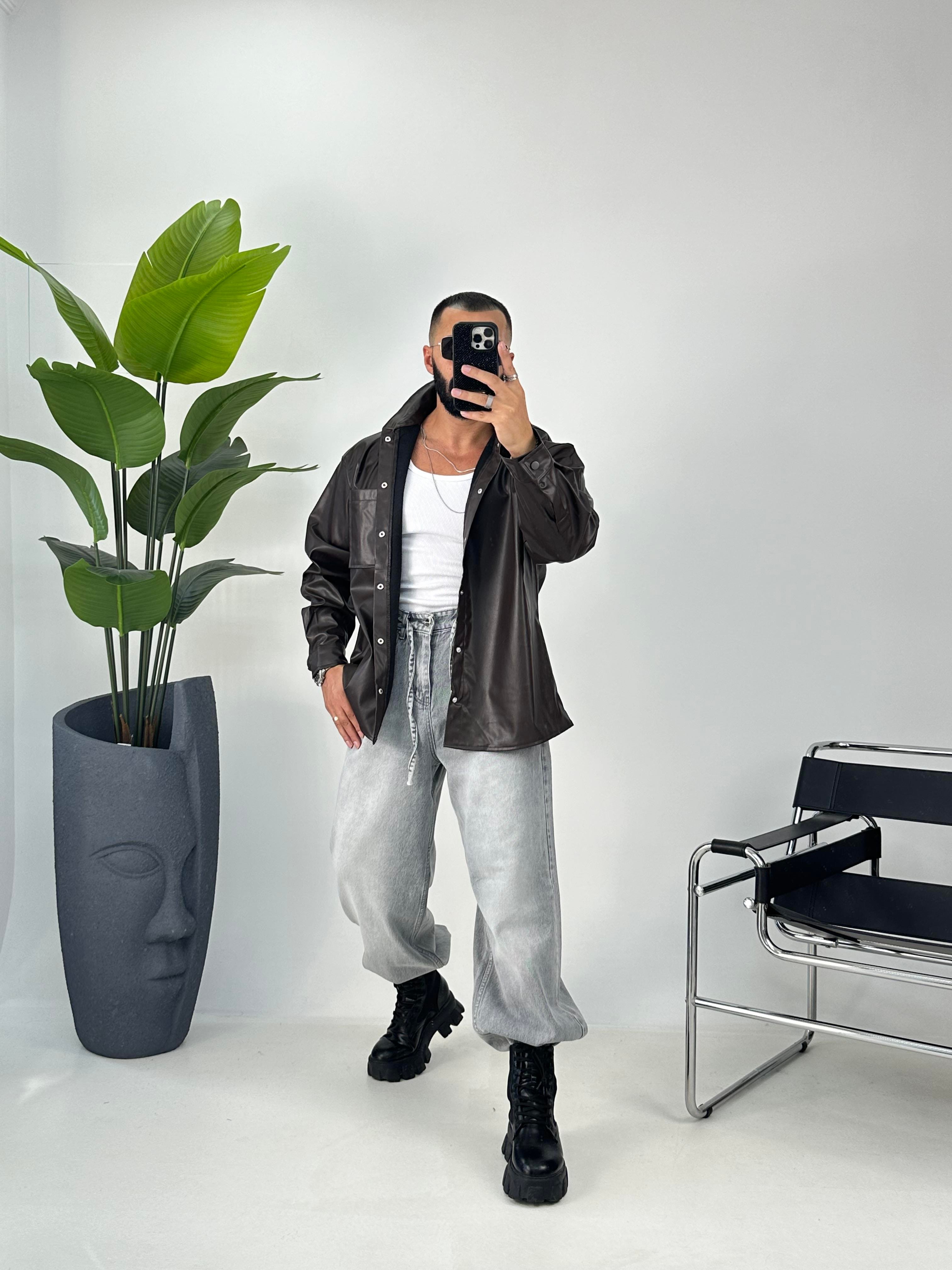 OVERSİZE DERİ GÖMLEK ACI KAHVE