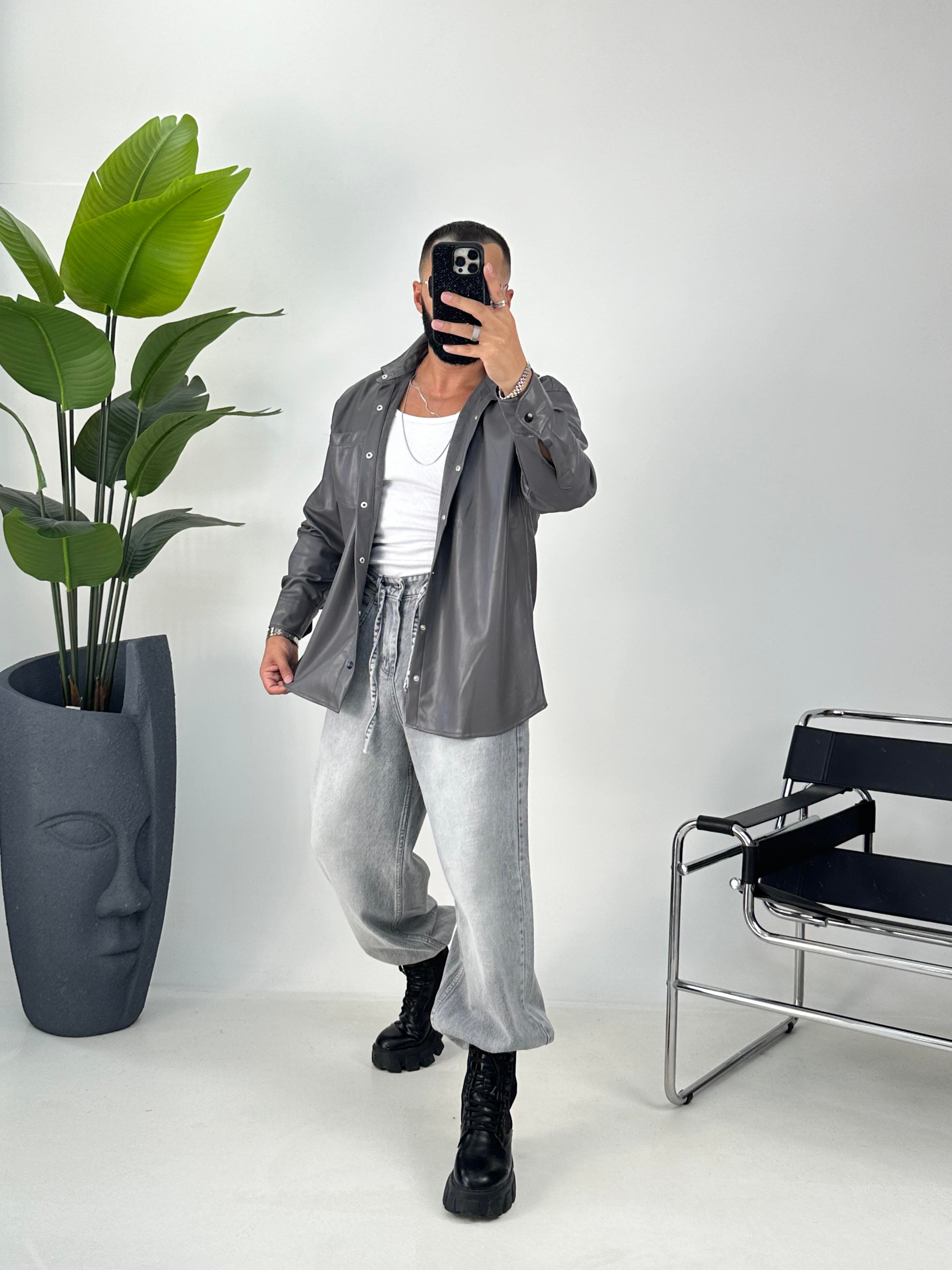 OVERSİZE DERİ GÖMLEK GRİ