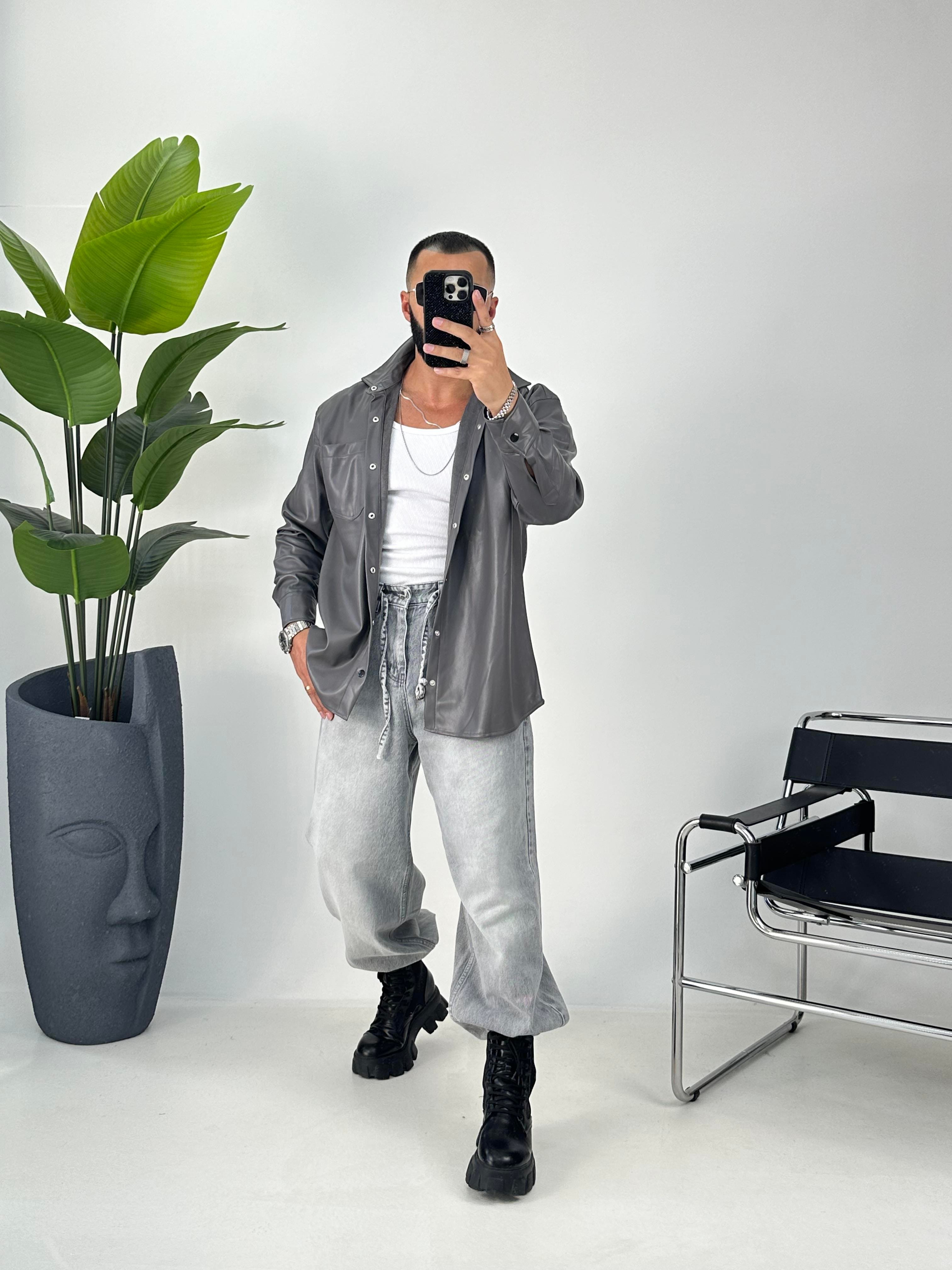 OVERSİZE DERİ GÖMLEK GRİ