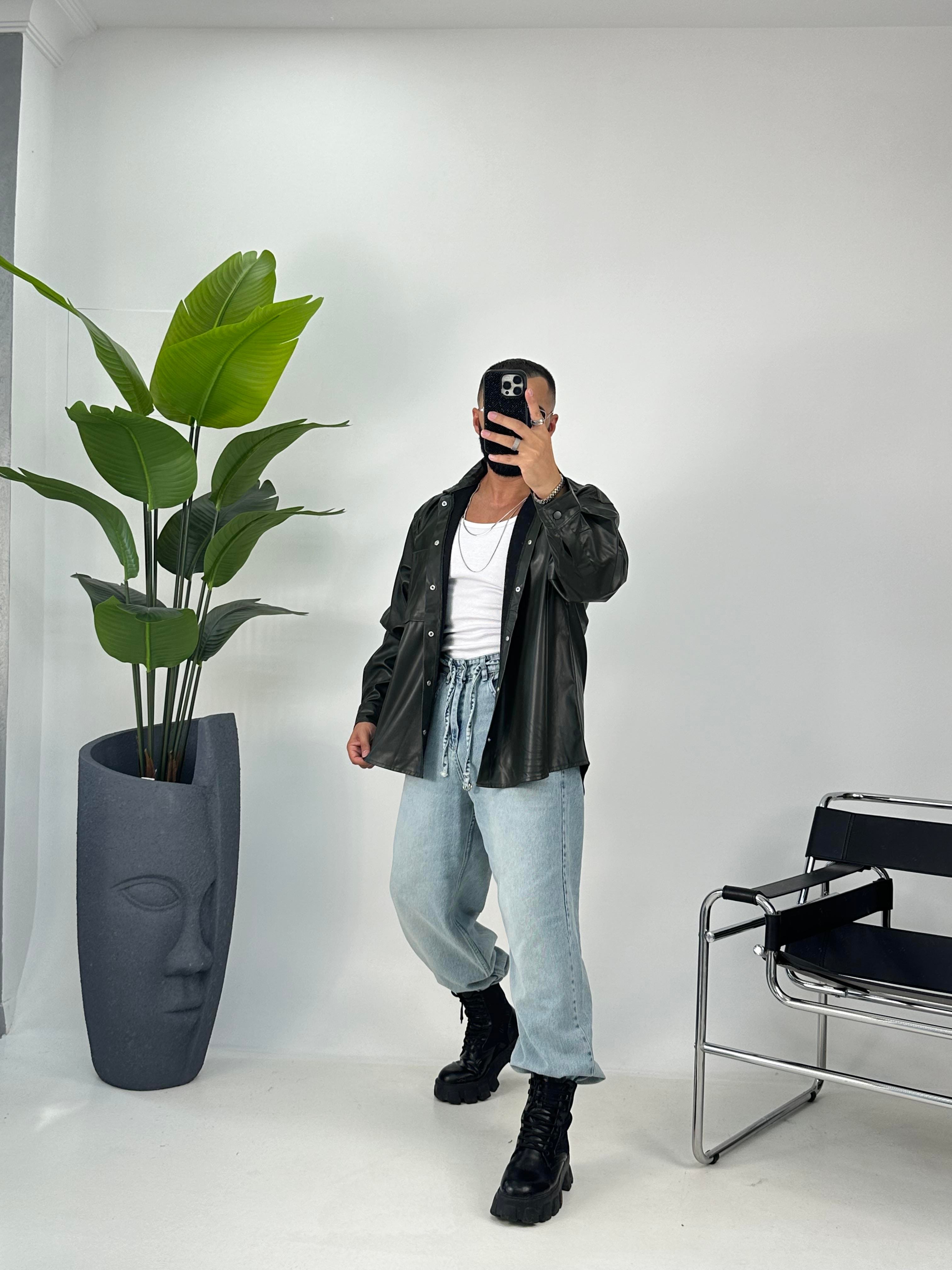 OVERSİZE DERİ GÖMLEK KOYU YEŞİL