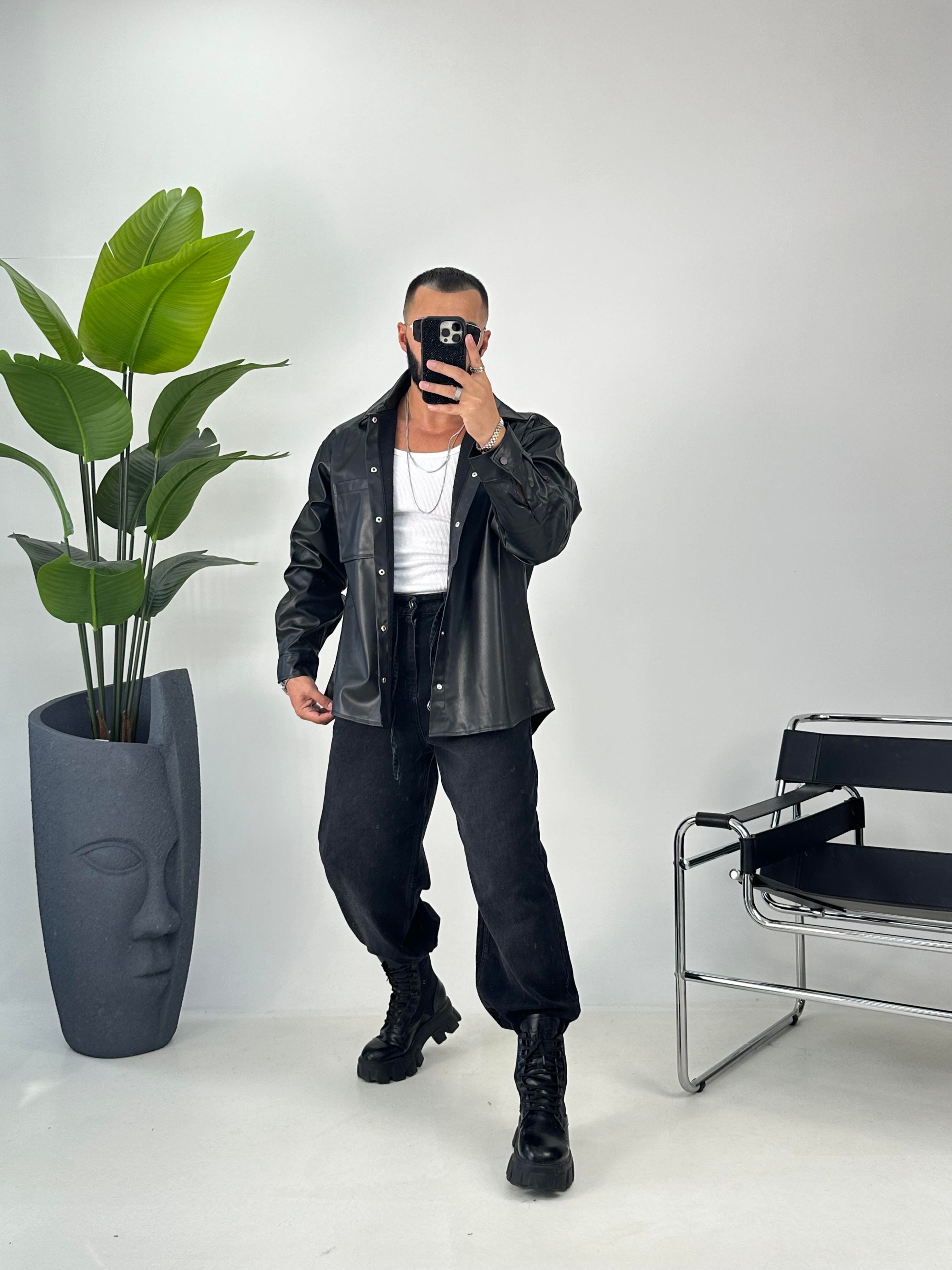 OVERSİZE DERİ GÖMLEK SİYAH