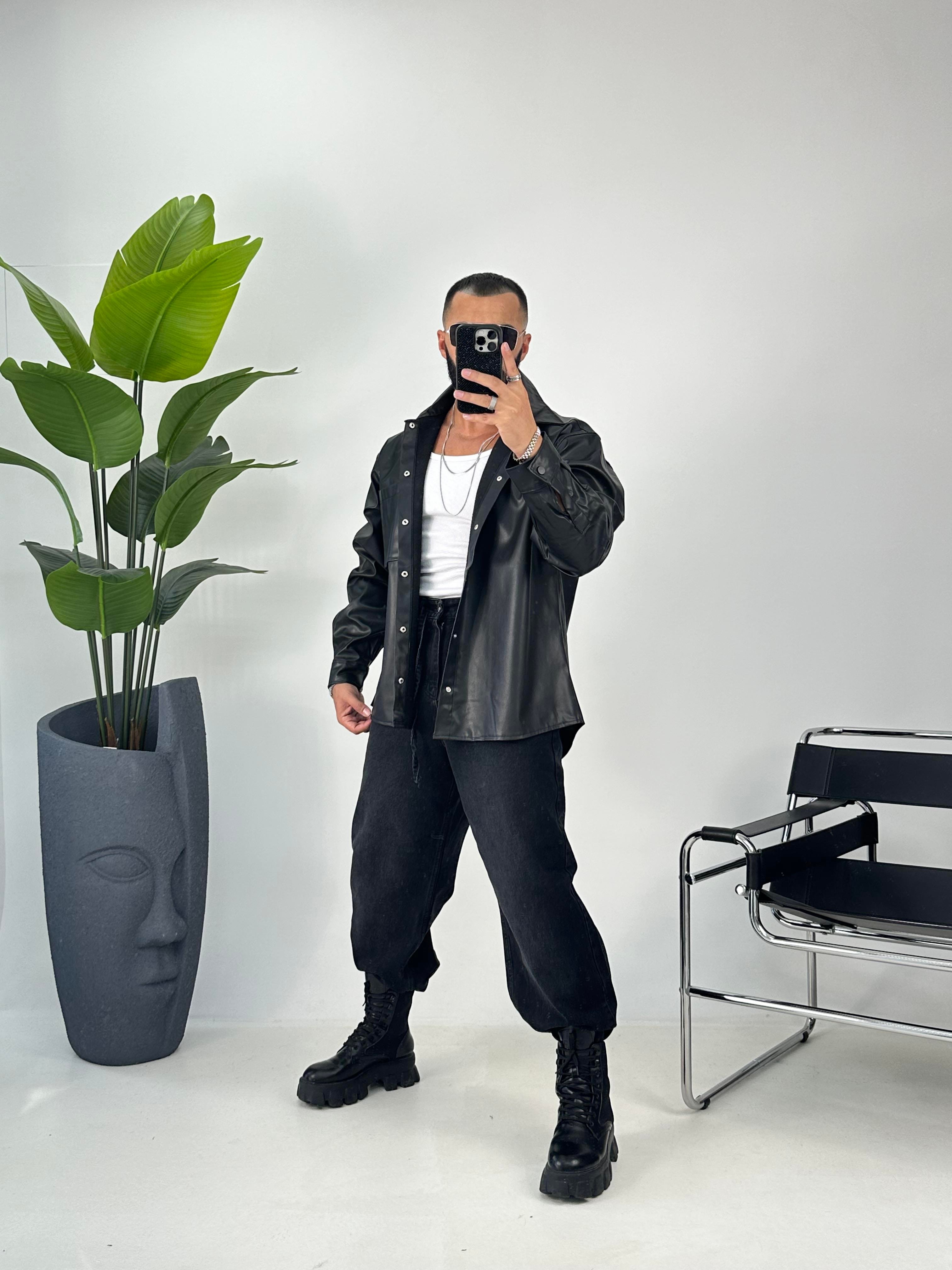 OVERSİZE DERİ GÖMLEK SİYAH