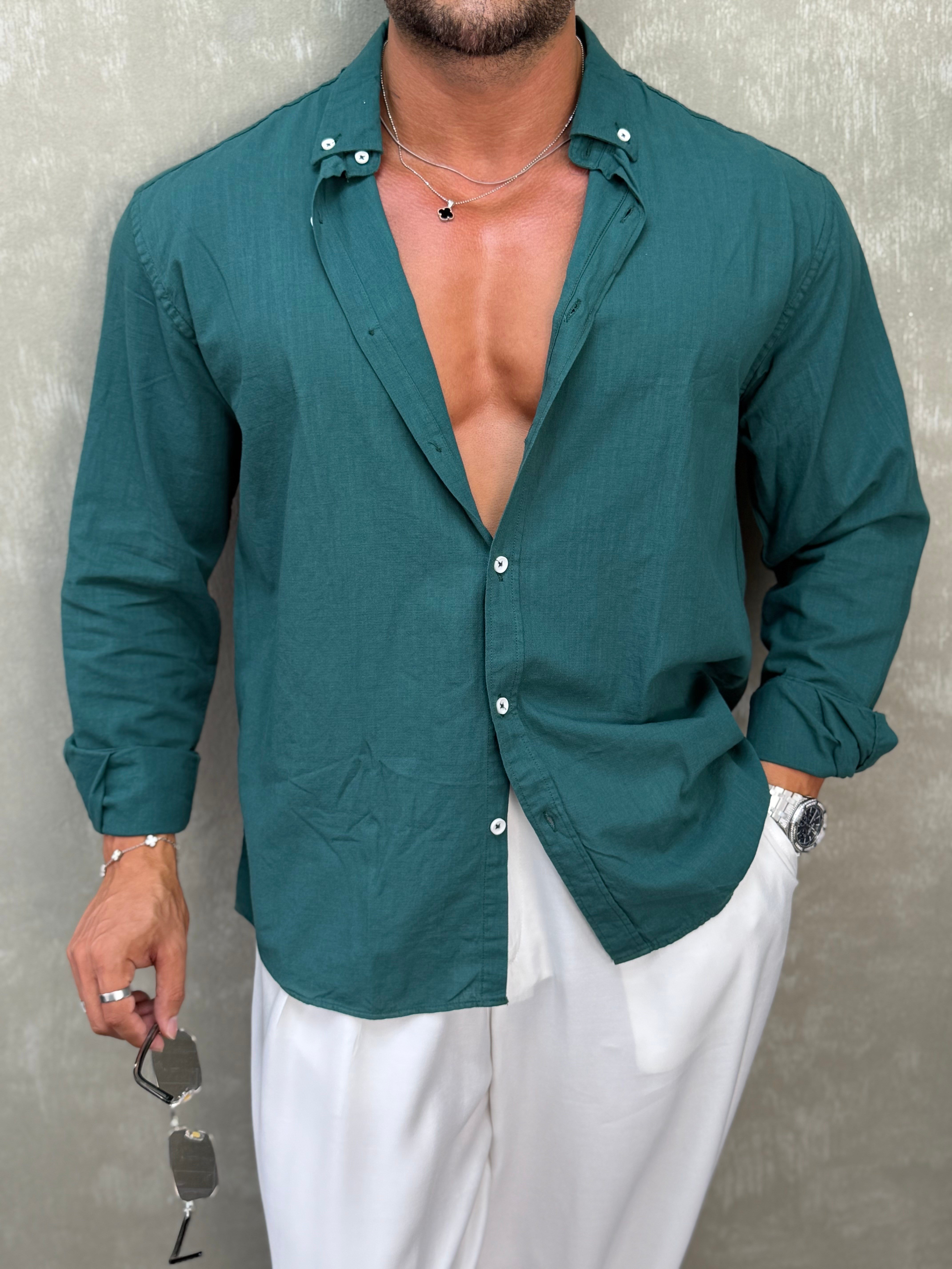 OVERSIZE FRESH KETEN GÖMLEK ZÜMRÜT YEŞİLİ