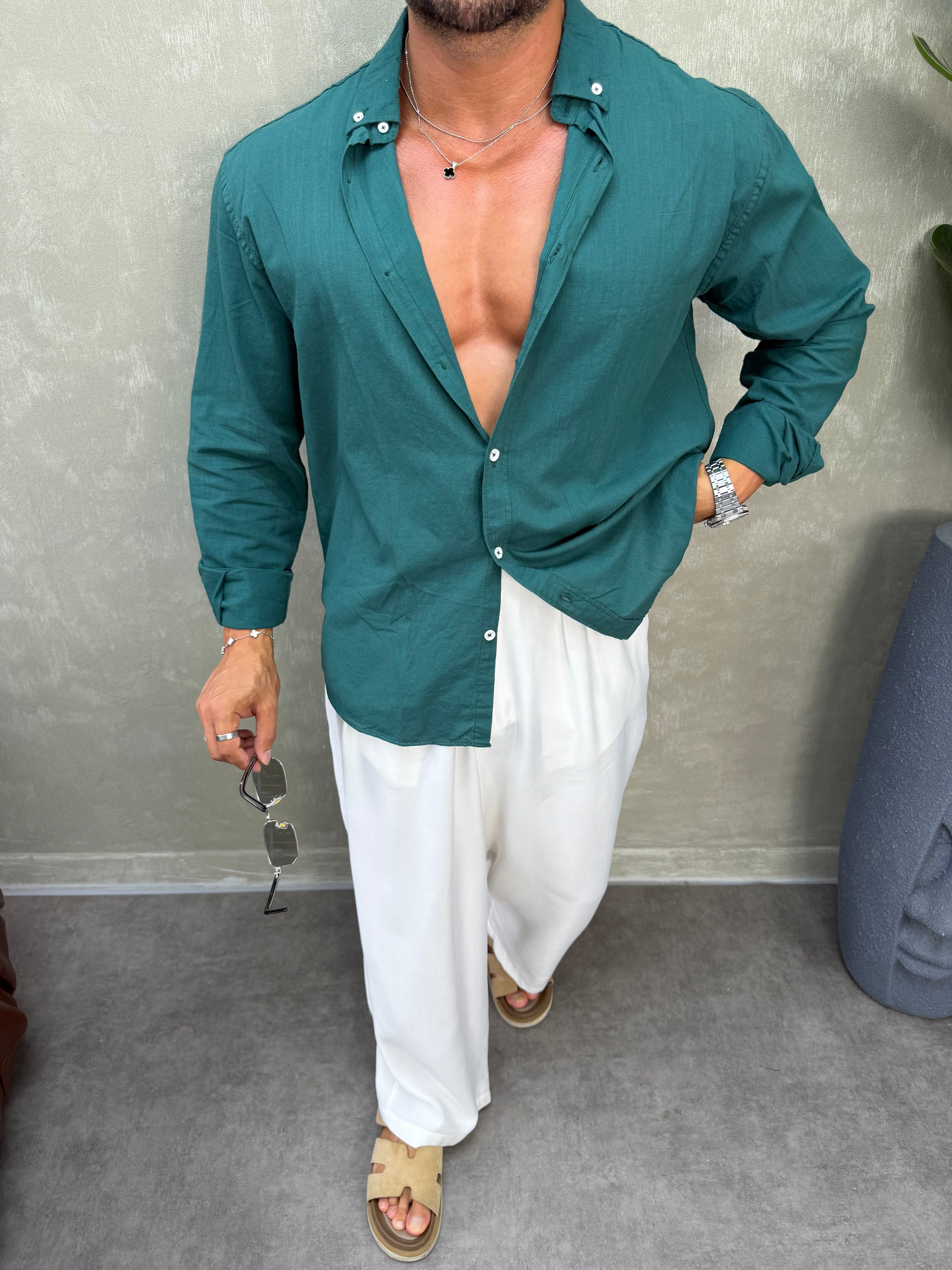 OVERSIZE FRESH KETEN GÖMLEK ZÜMRÜT YEŞİLİ