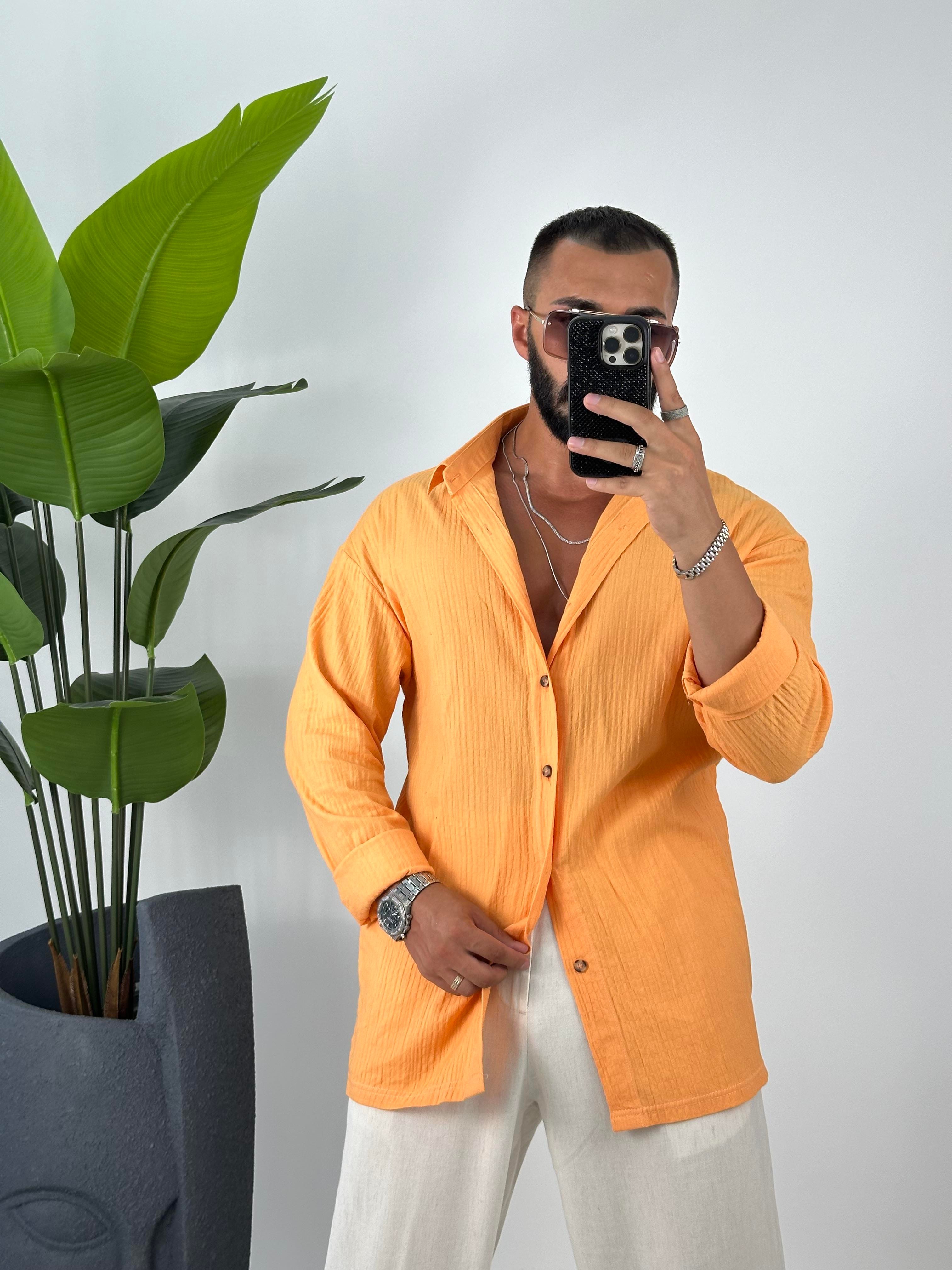 oversize keten gömlek haki turuncu