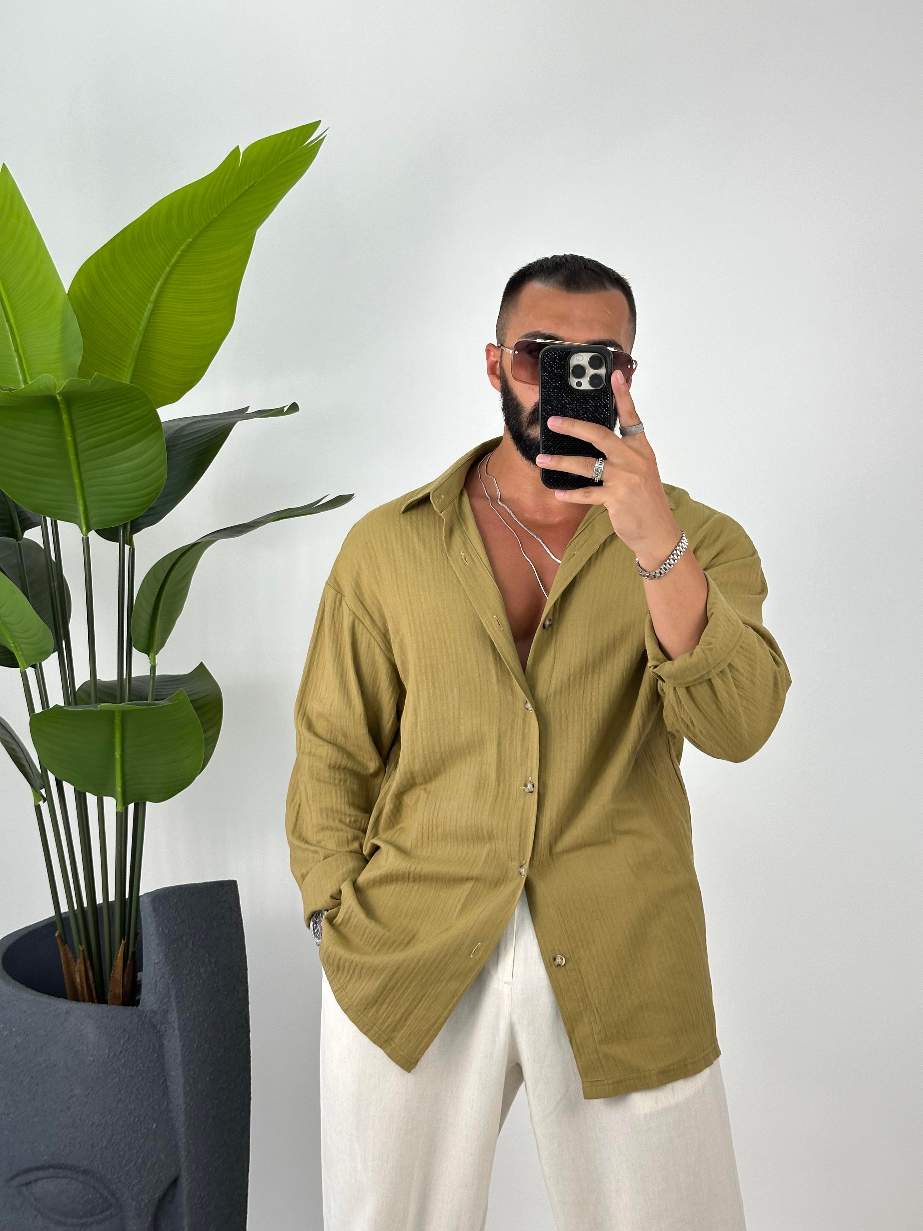 oversize keten gömlek haki yeşil