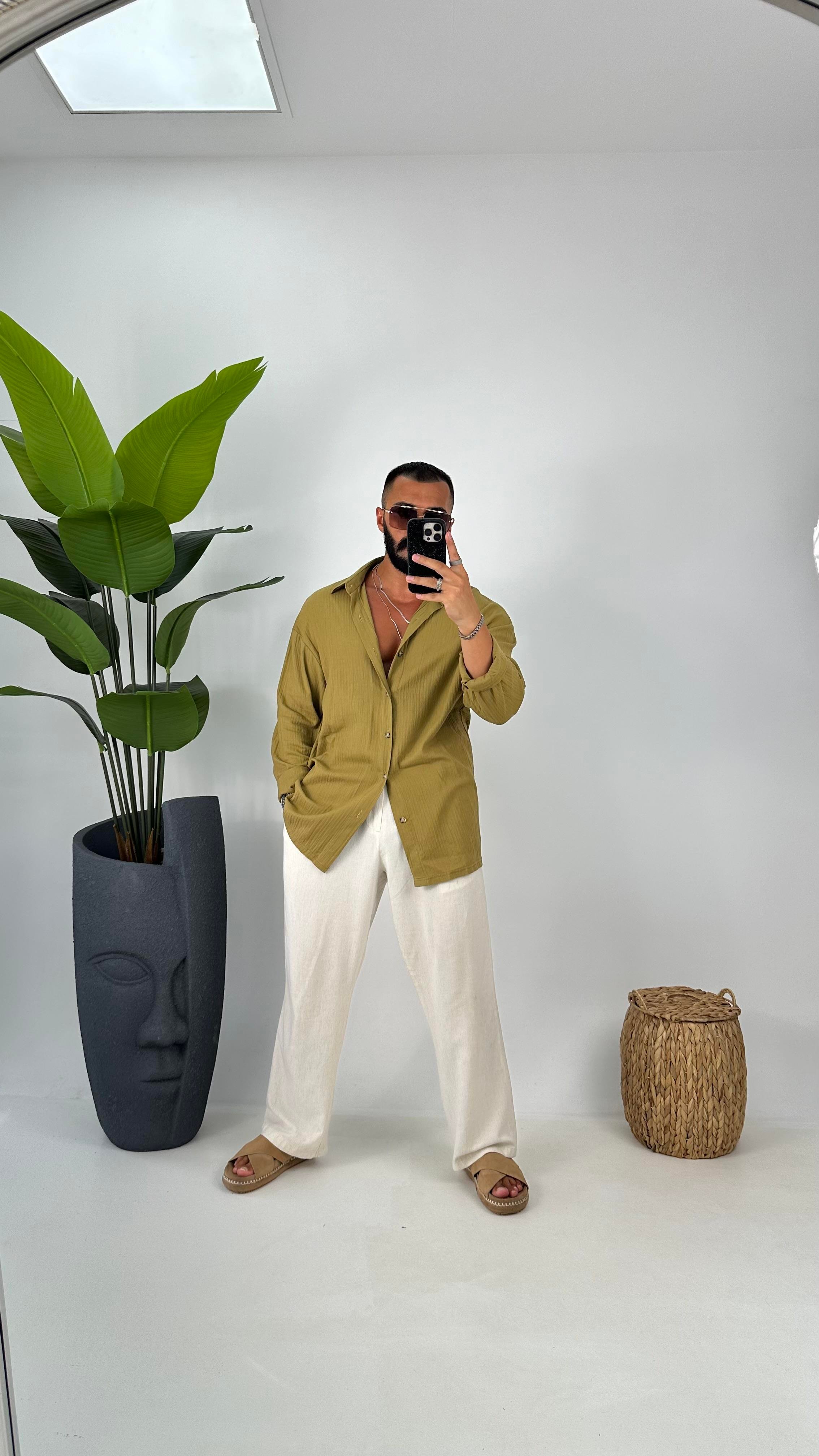 oversize keten gömlek haki yeşil