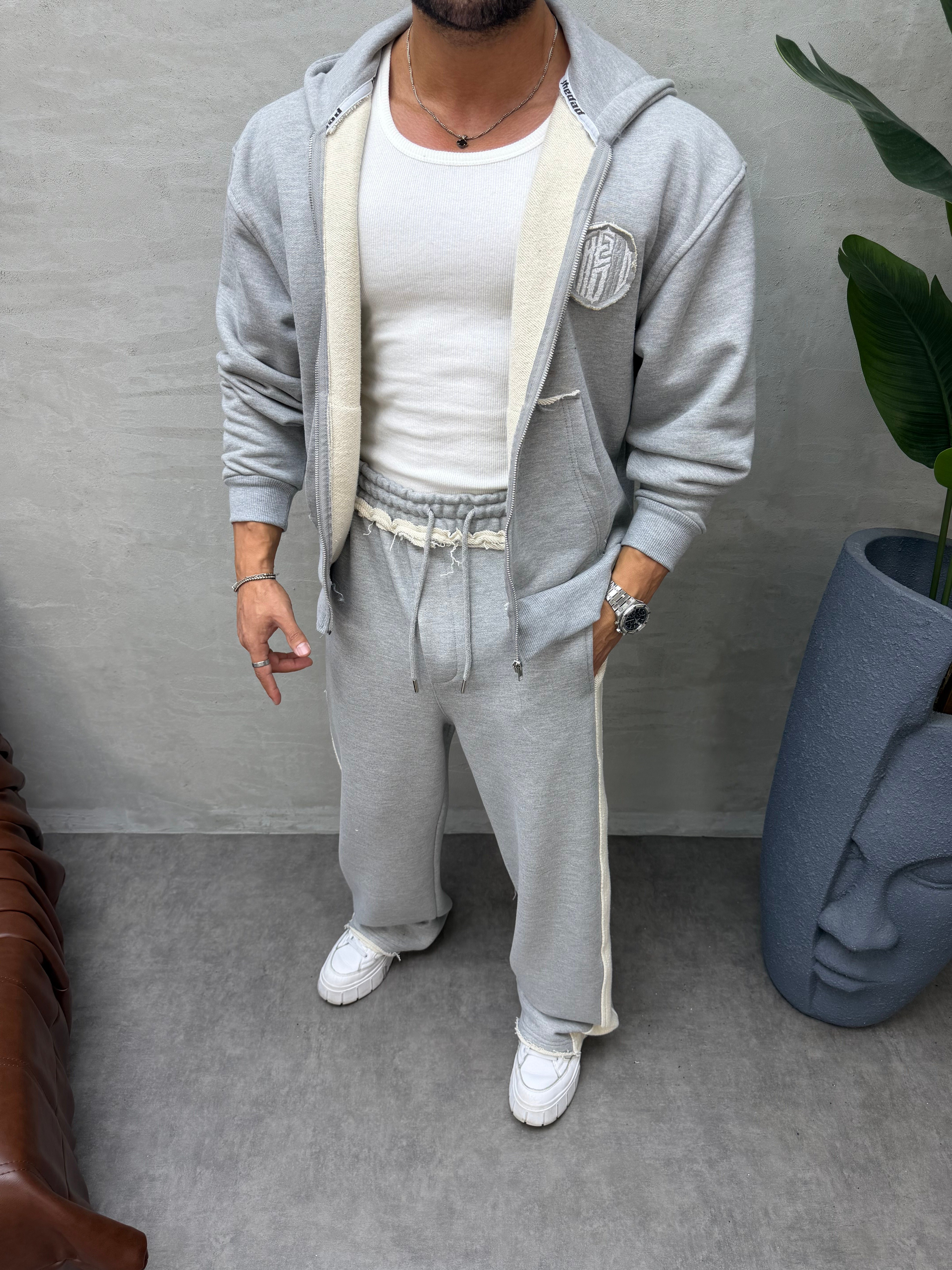 OVERSIZE ÖRME ÜÇ İPLİK KAPÜŞONLU SWEAT GRİ