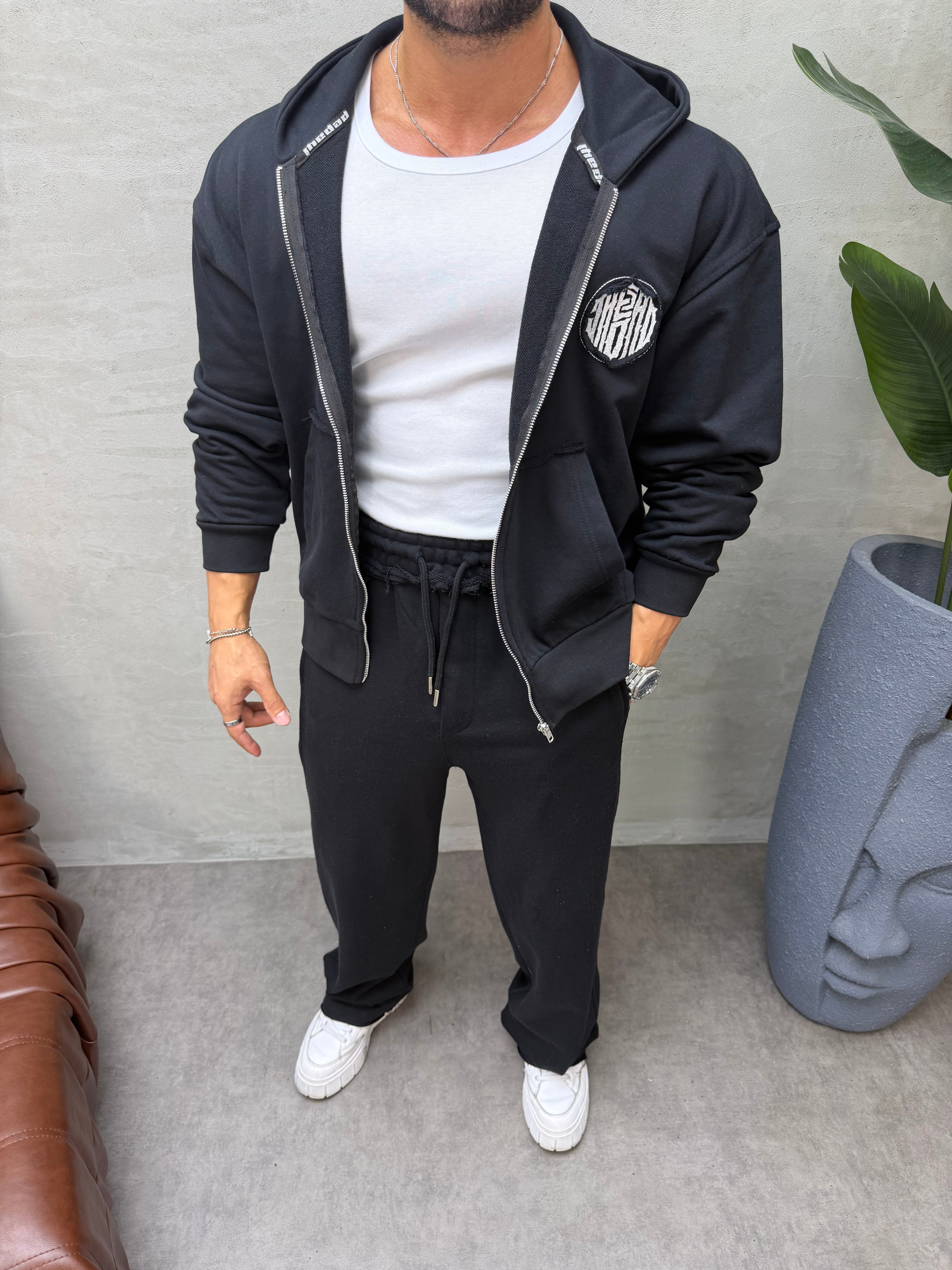 OVERSIZE ÖRME ÜÇ İPLİK KAPÜŞONLU SWEAT SİYAH