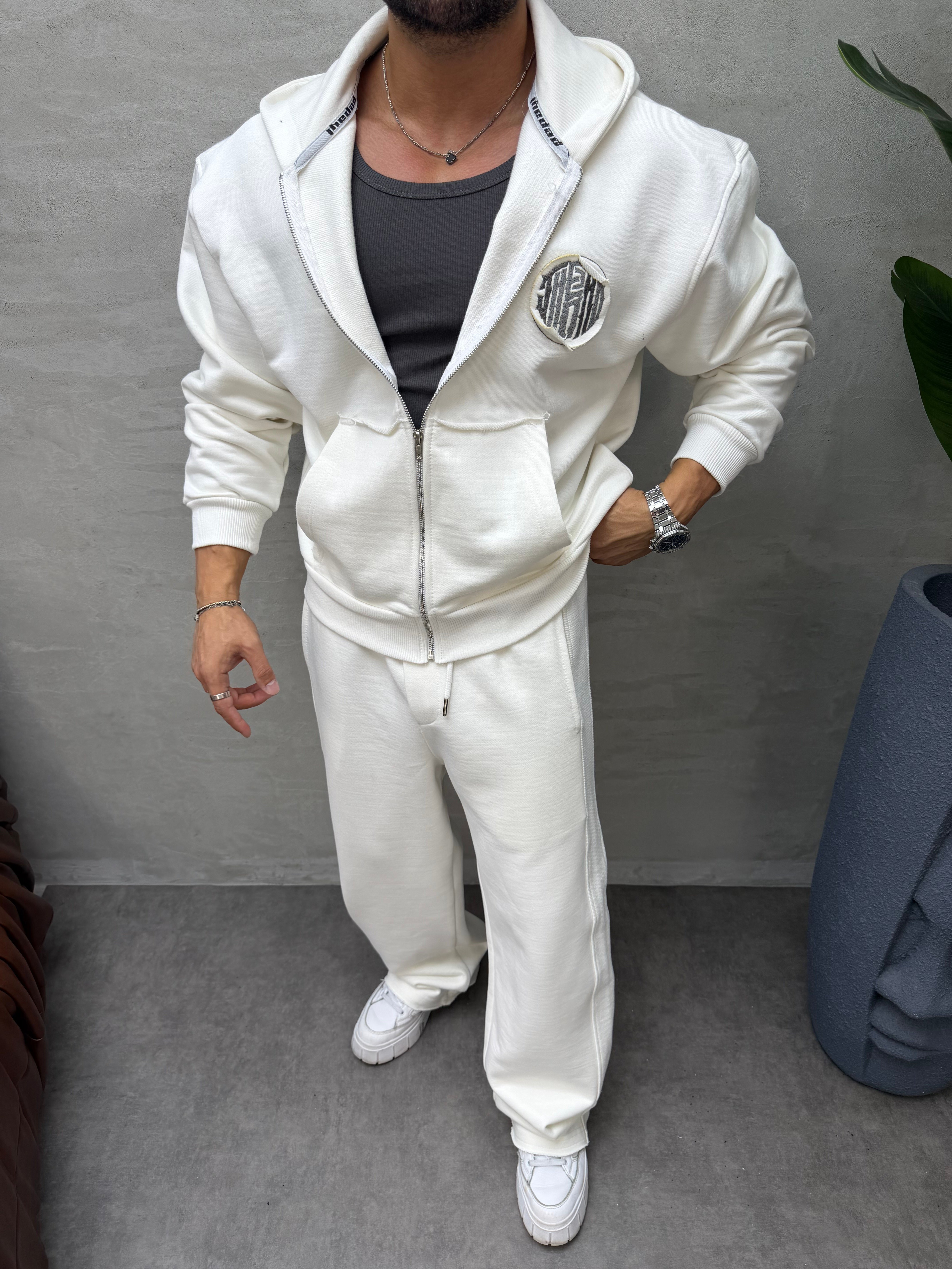 OVERSIZE ÖRME ÜÇ İPLİK KAPÜŞONLU SWEAT BEYAZ