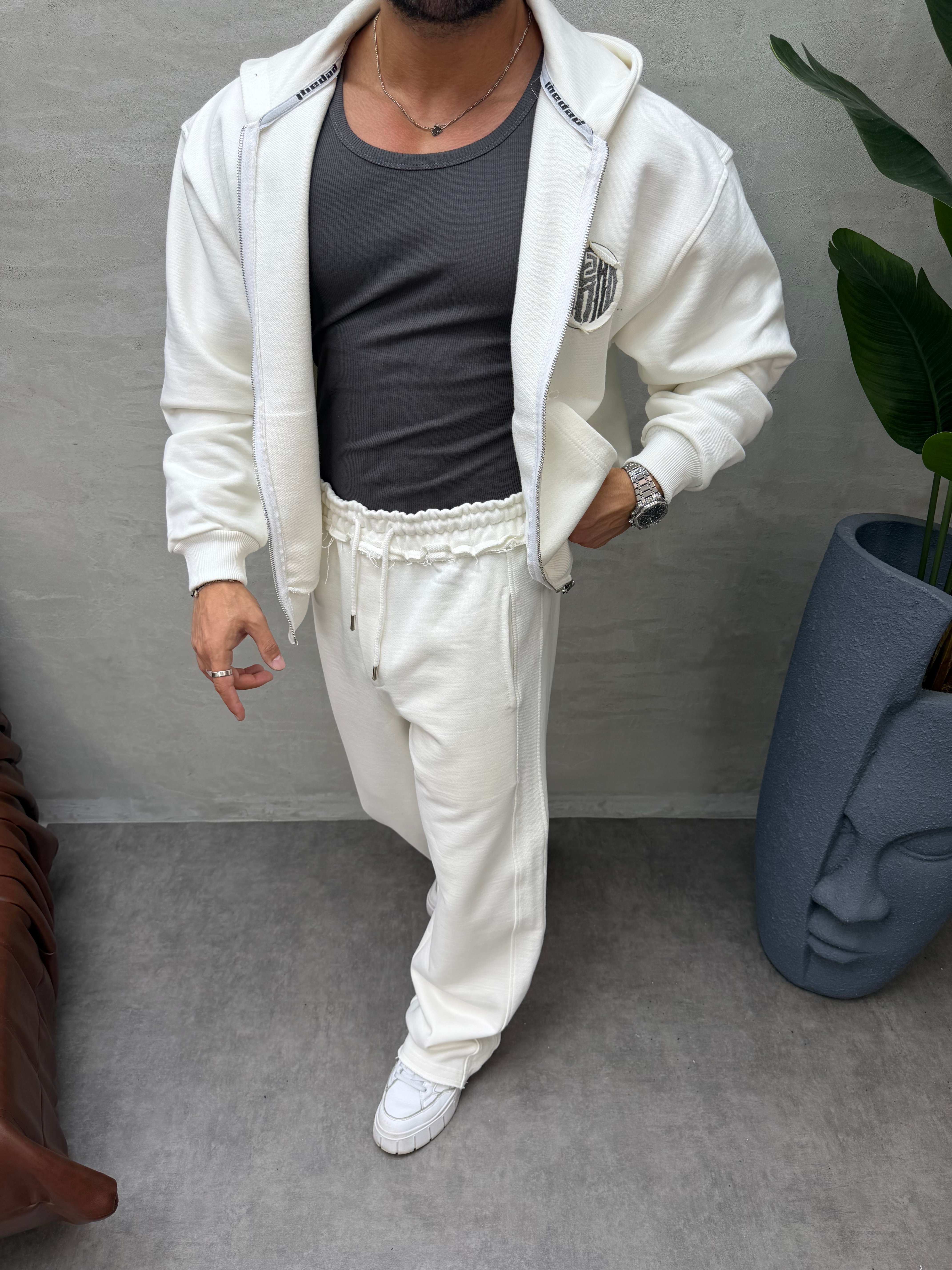 OVERSIZE ÖRME ÜÇ İPLİK KAPÜŞONLU SWEAT BEYAZ