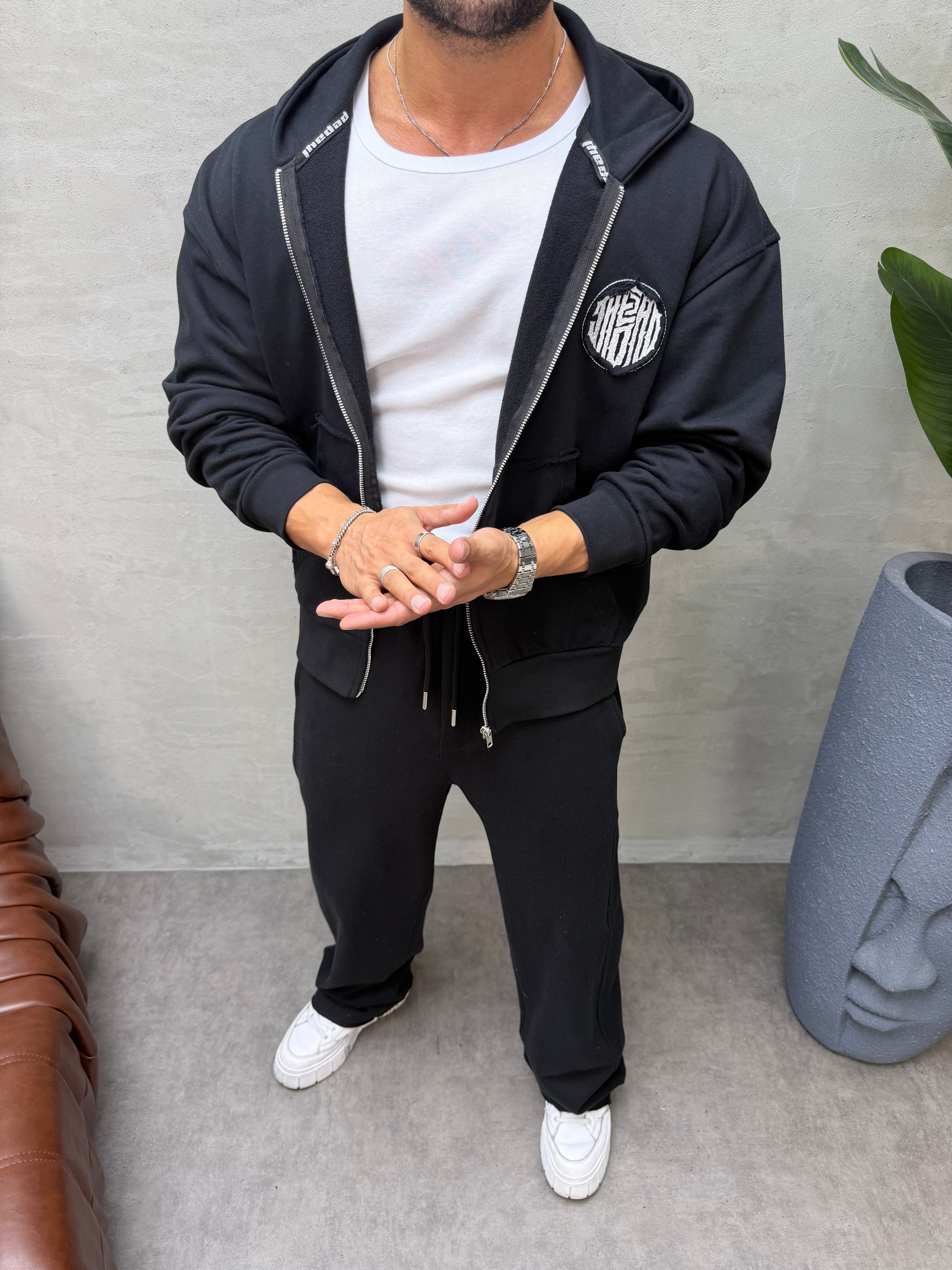 OVERSIZE ÖRME ÜÇ İPLİK KAPÜŞONLU SWEAT SİYAH