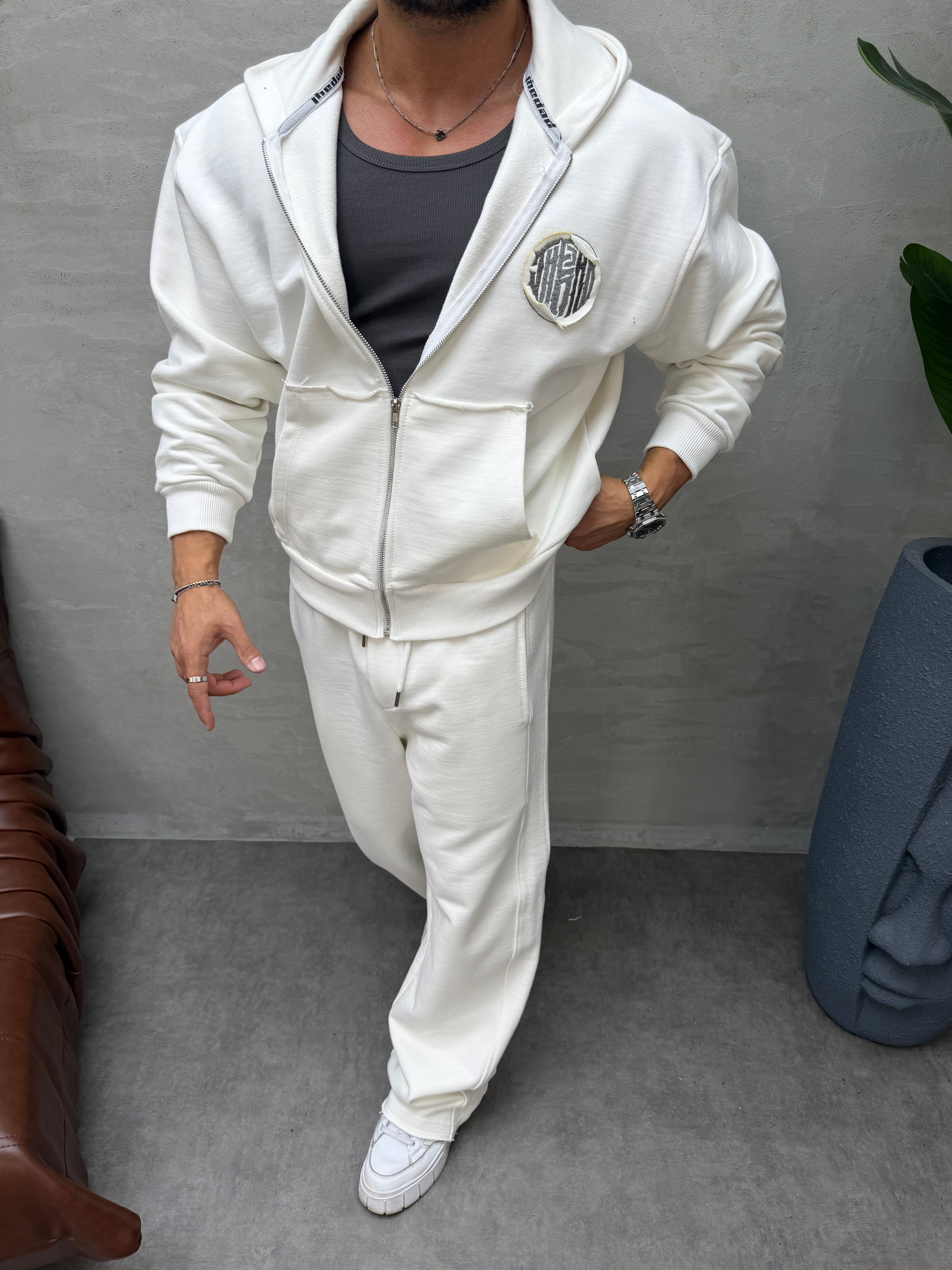 OVERSIZE ÖRME ÜÇ İPLİK KAPÜŞONLU SWEAT BEYAZ