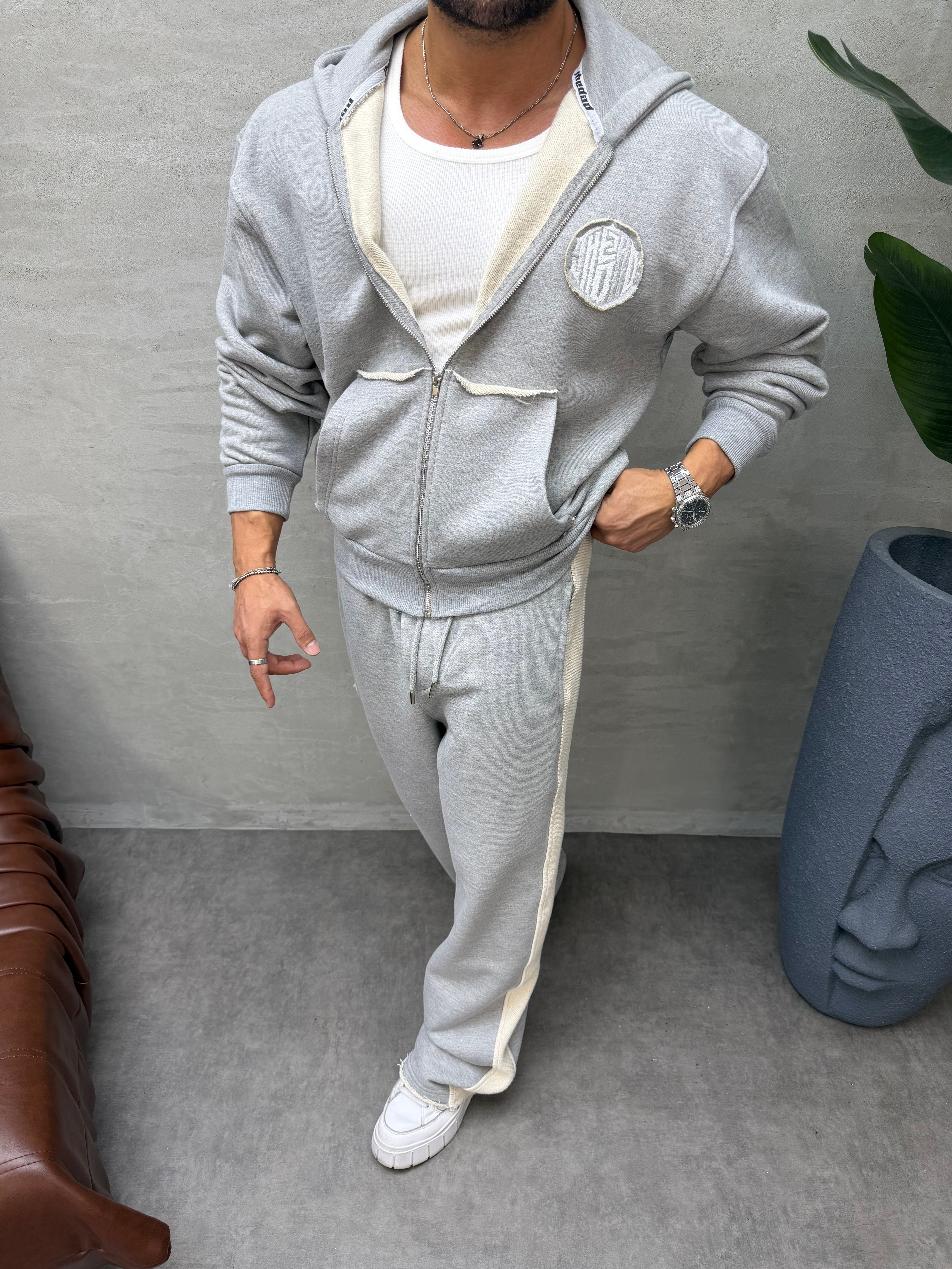 OVERSIZE ÖRME ÜÇ İPLİK KAPÜŞONLU SWEAT GRİ