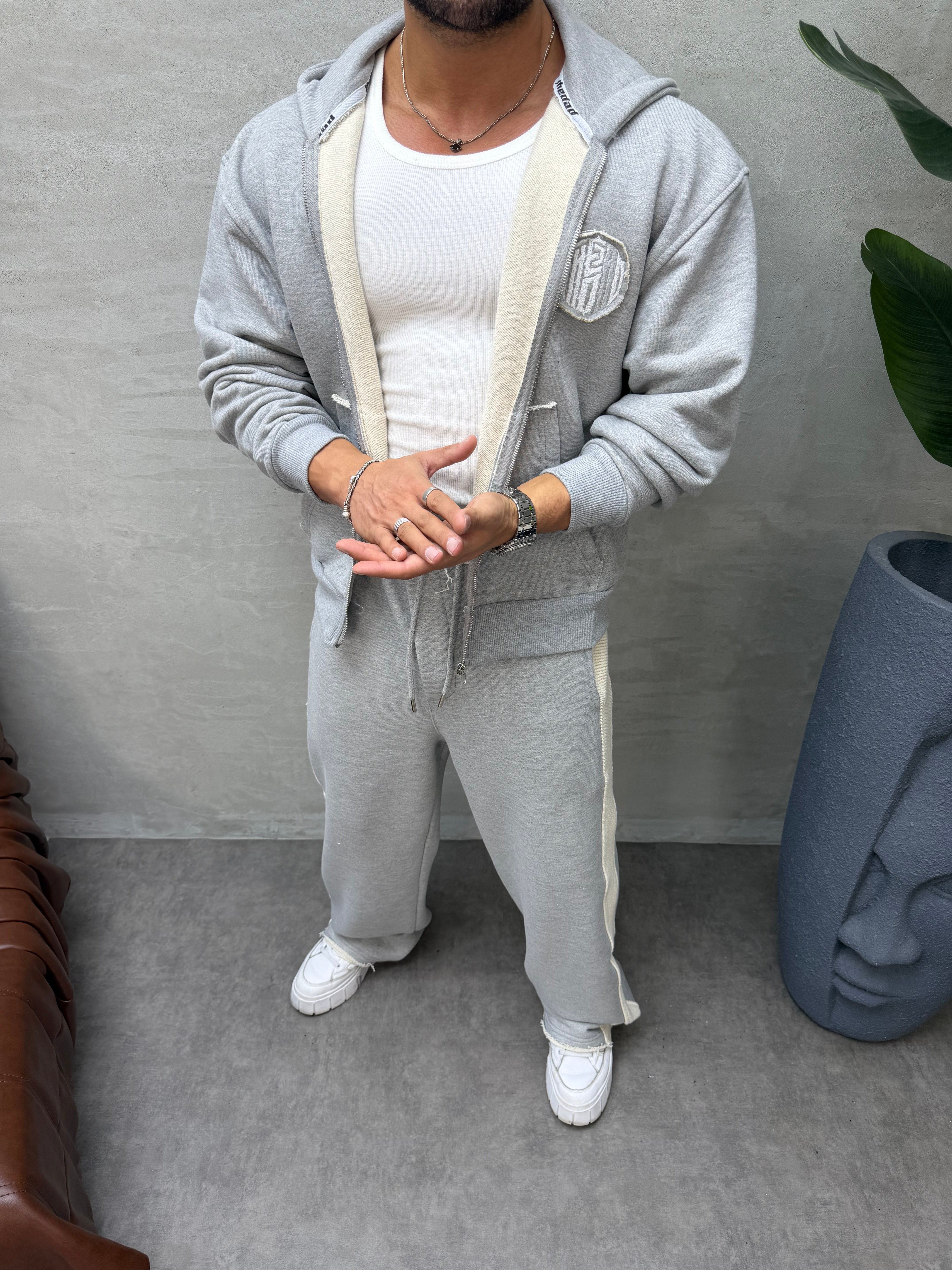 OVERSIZE ÖRME ÜÇ İPLİK KAPÜŞONLU SWEAT GRİ