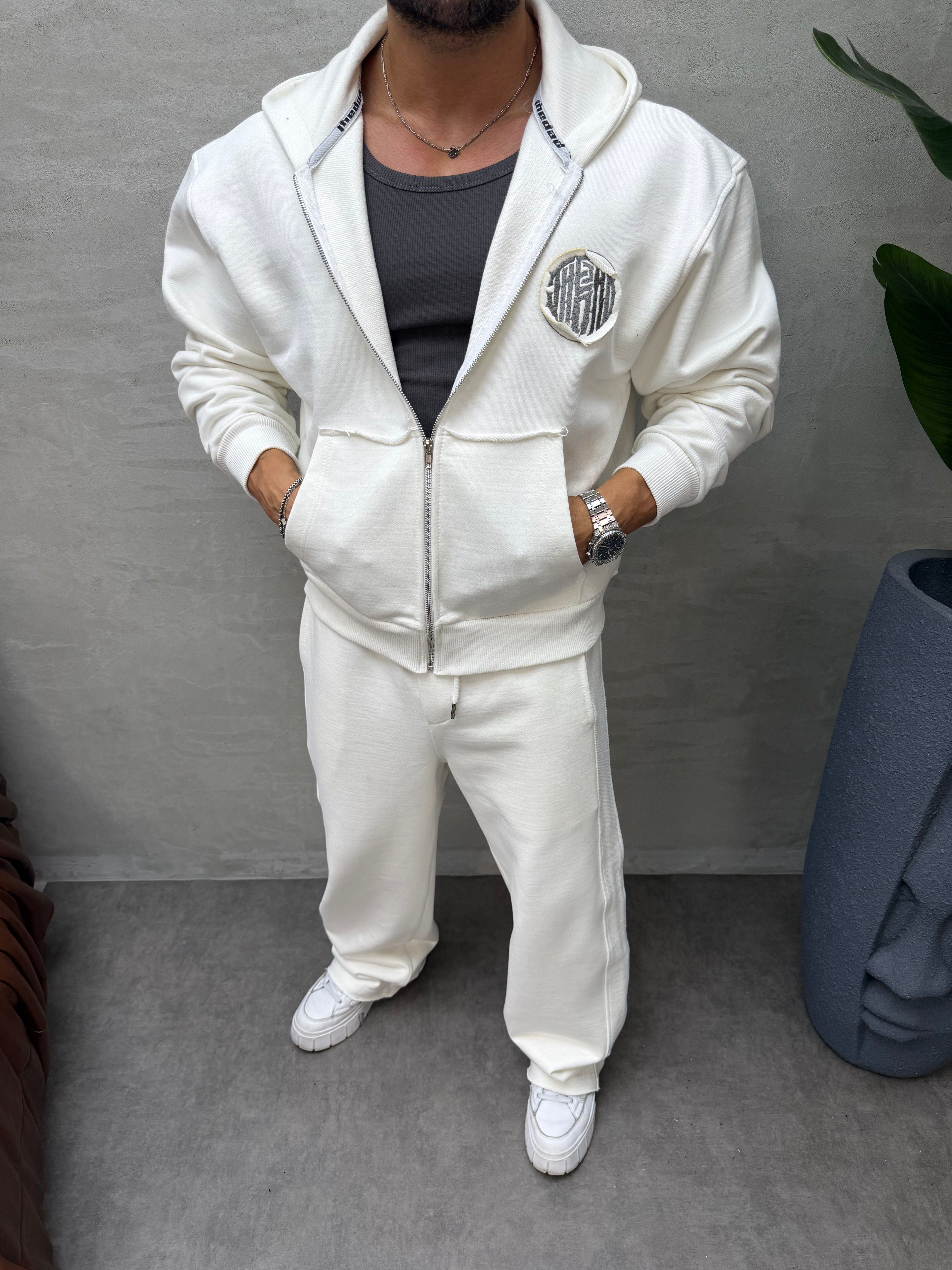 OVERSIZE ÖRME ÜÇ İPLİK KAPÜŞONLU SWEAT BEYAZ