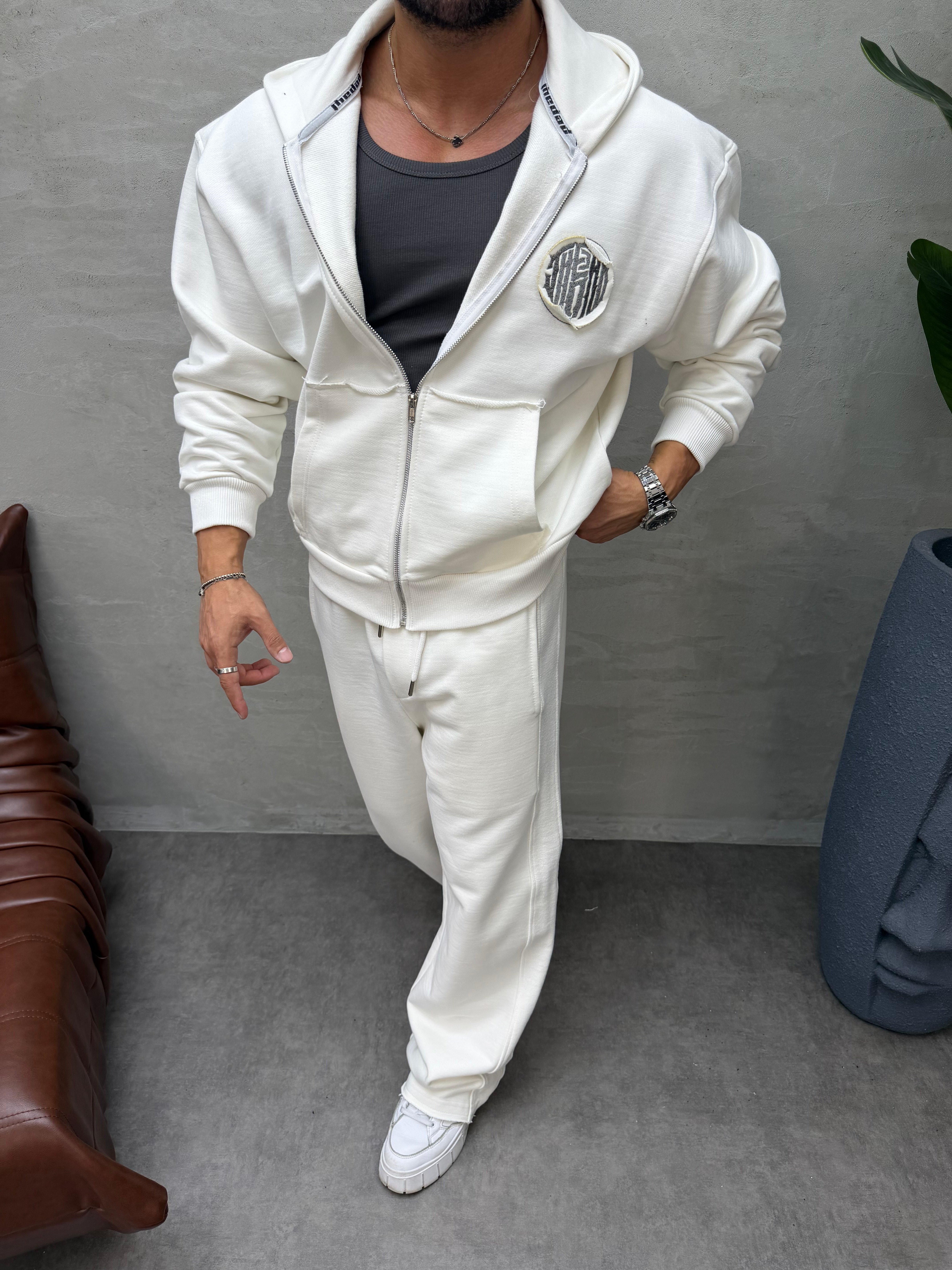 OVERSIZE ÖRME ÜÇ İPLİK KAPÜŞONLU SWEAT BEYAZ