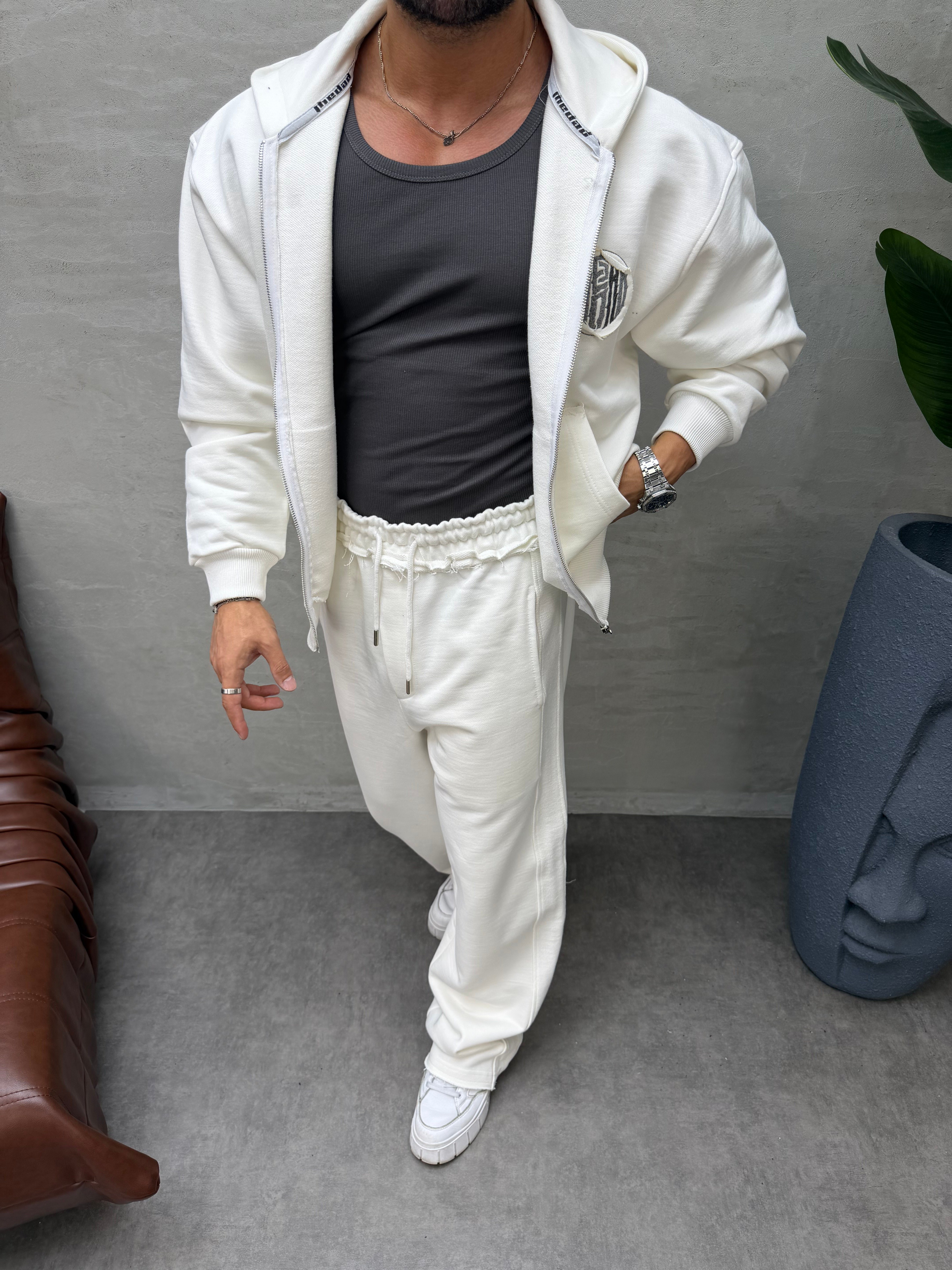 OVERSIZE ÖRME ÜÇ İPLİK KAPÜŞONLU SWEAT BEYAZ