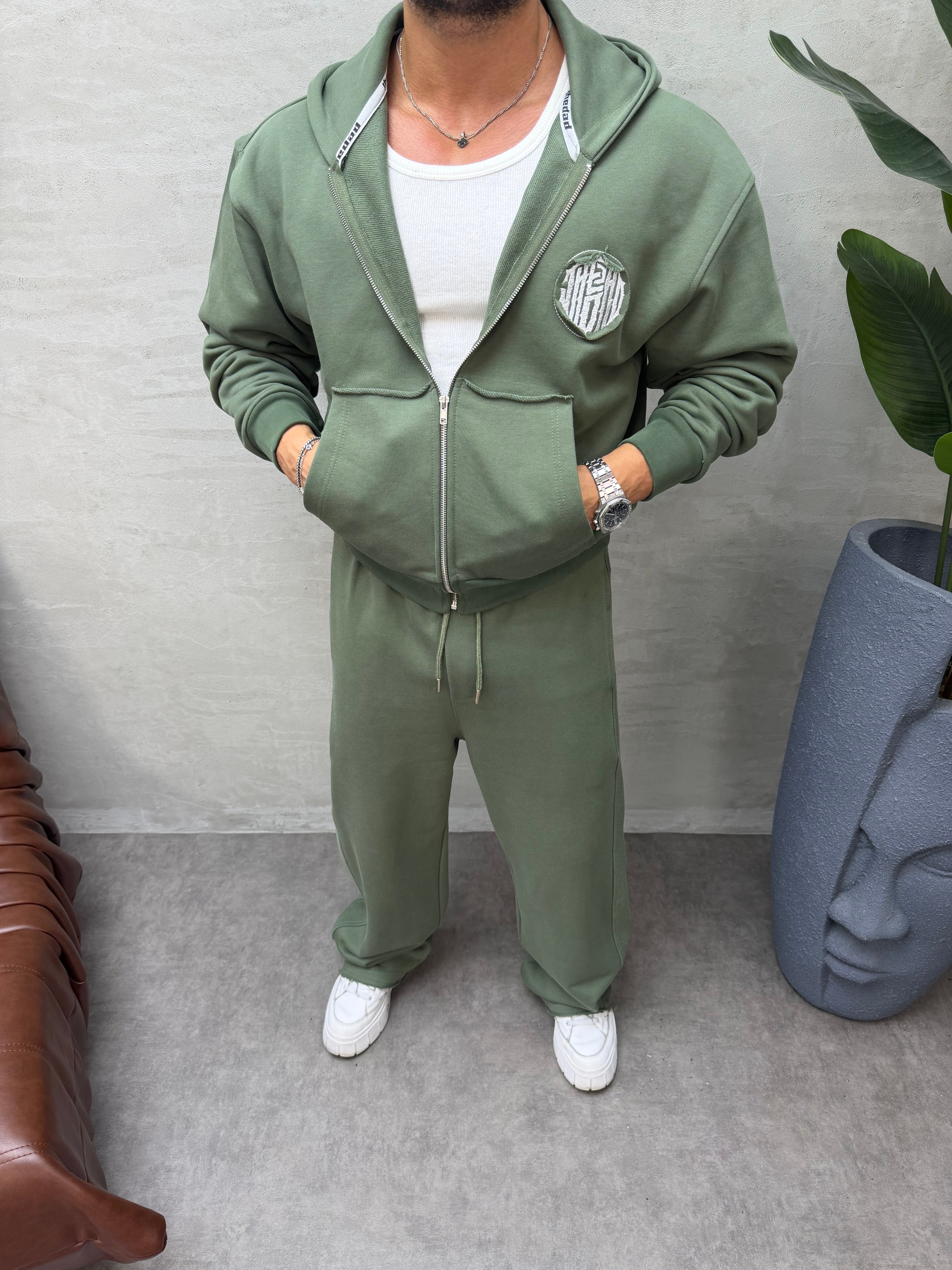 OVERSIZE ÖRME ÜÇ İPLİK KAPÜŞONLU SWEAT HAKİ