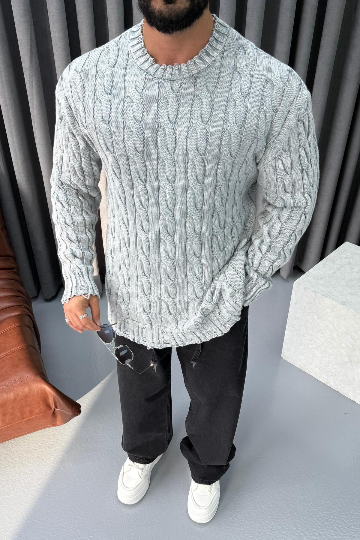 OVERSİZE YIKAMALI ÖRME KAZAK GRİ