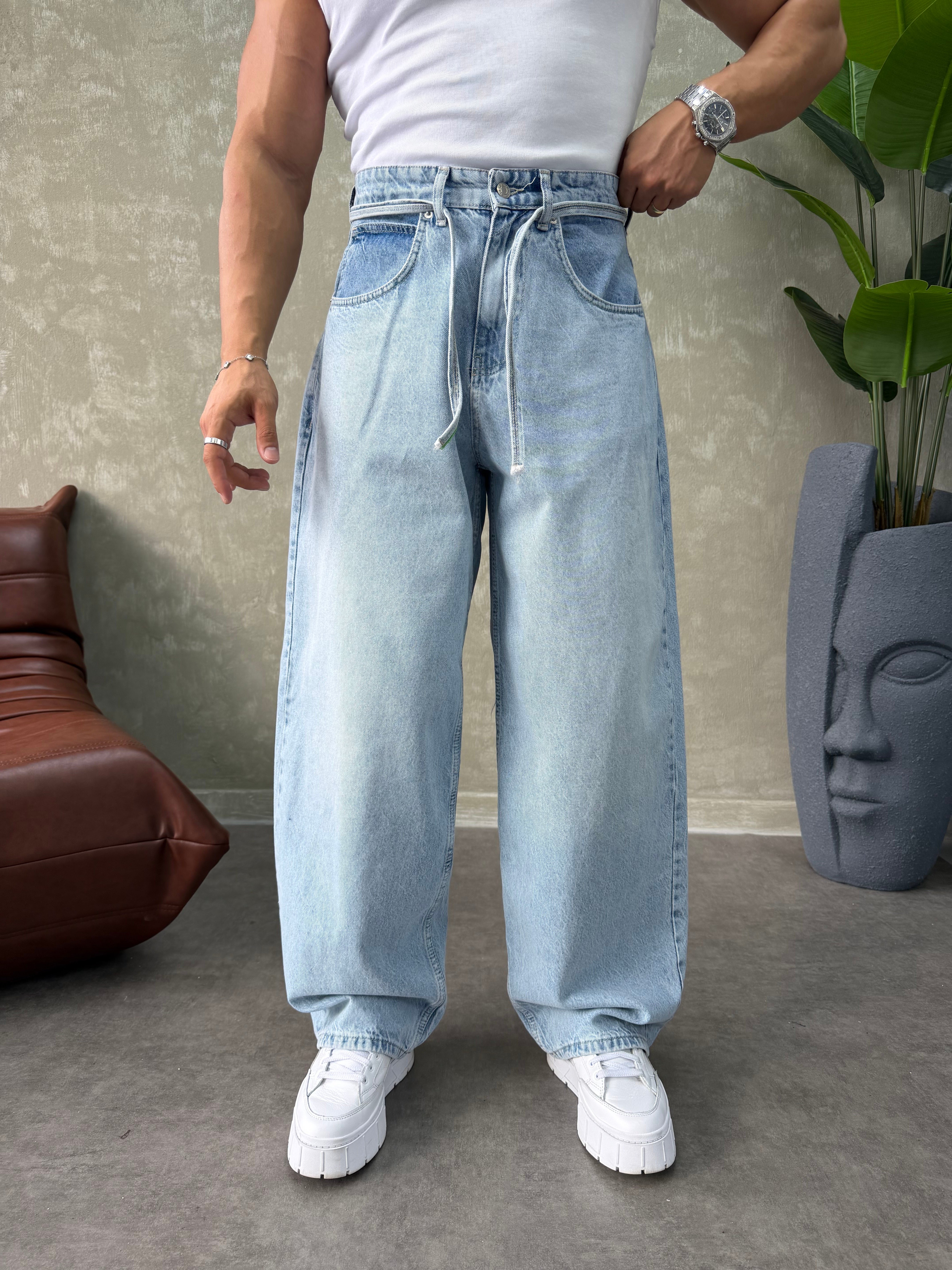 PREMIUM İP DETALI  BALON JEAN BUZ MAVİSİ