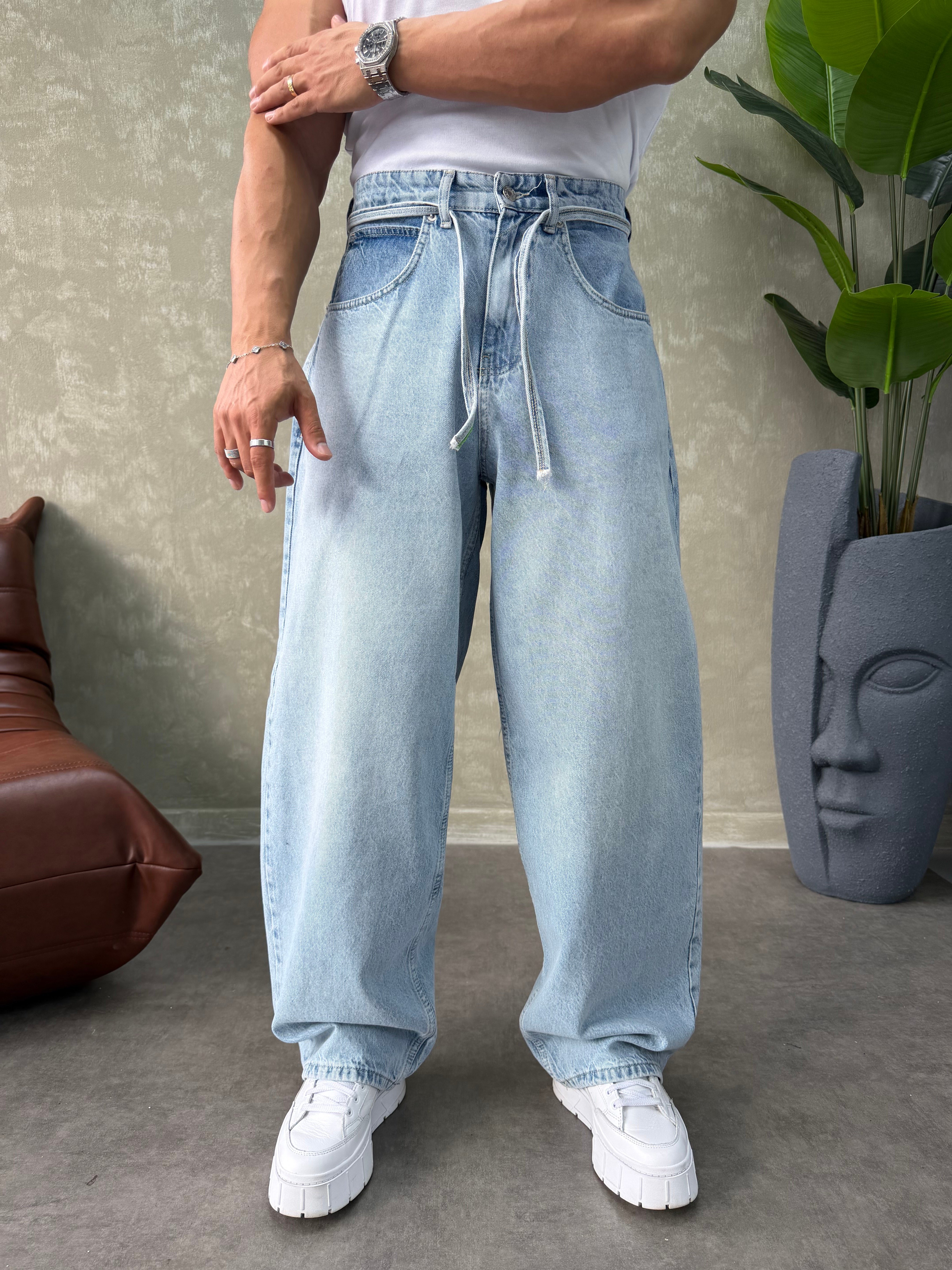 PREMIUM İP DETALI  BALON JEAN BUZ MAVİSİ