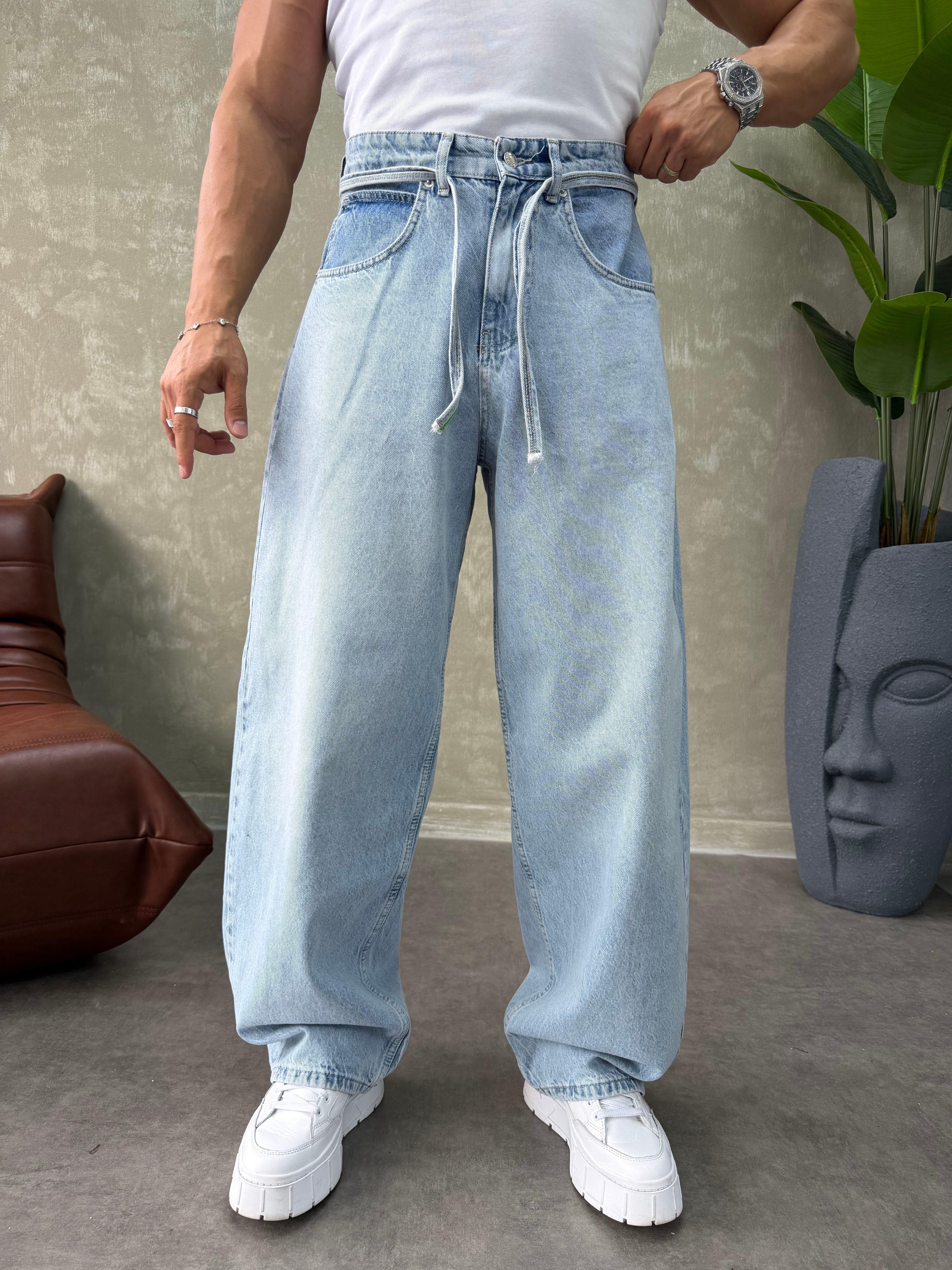 PREMIUM İP DETALI  BALON JEAN BUZ MAVİSİ