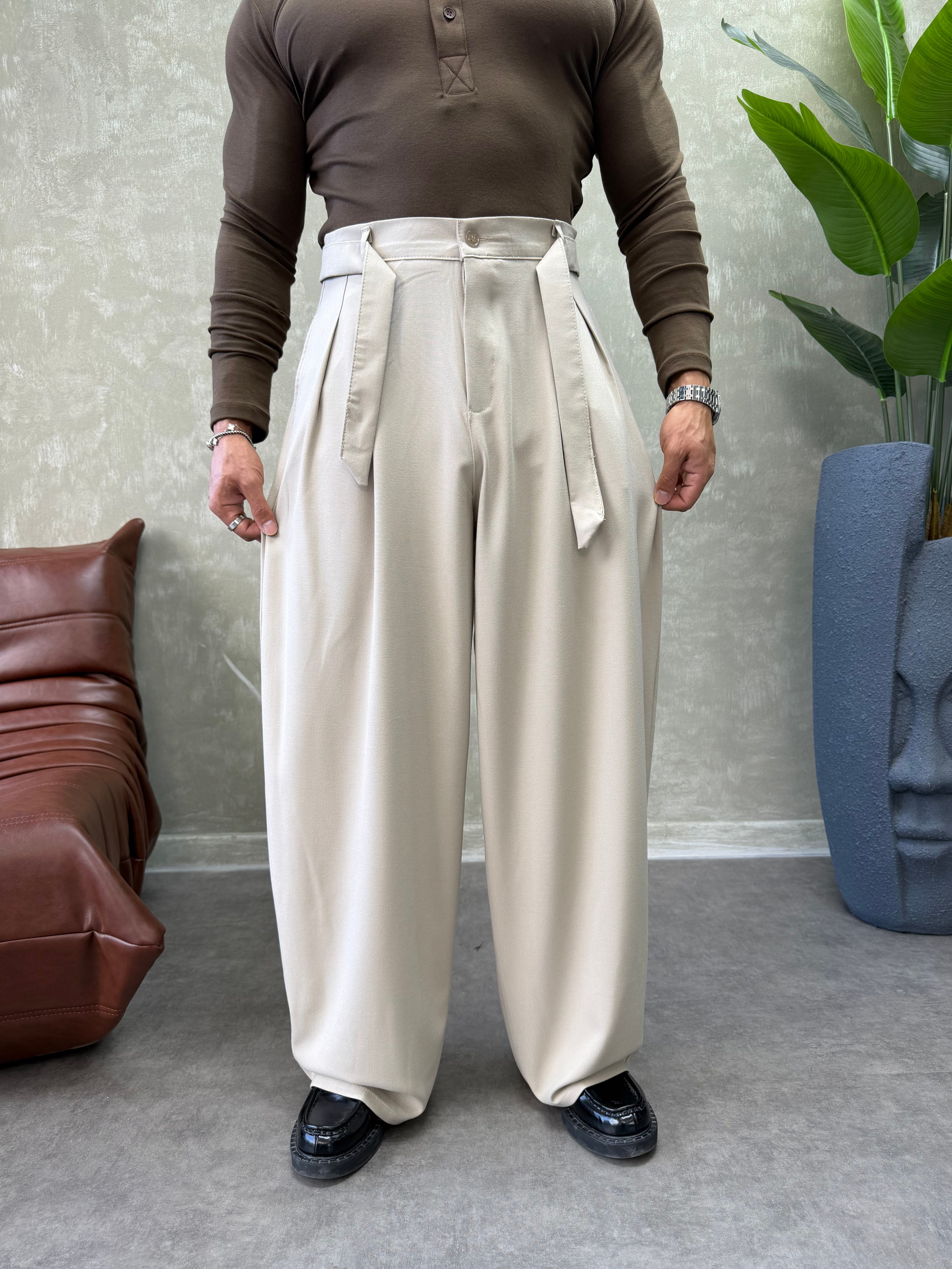 PREMIUM SERİ KEMER DETAYLI KORE KESİM PANTOLON BEJ