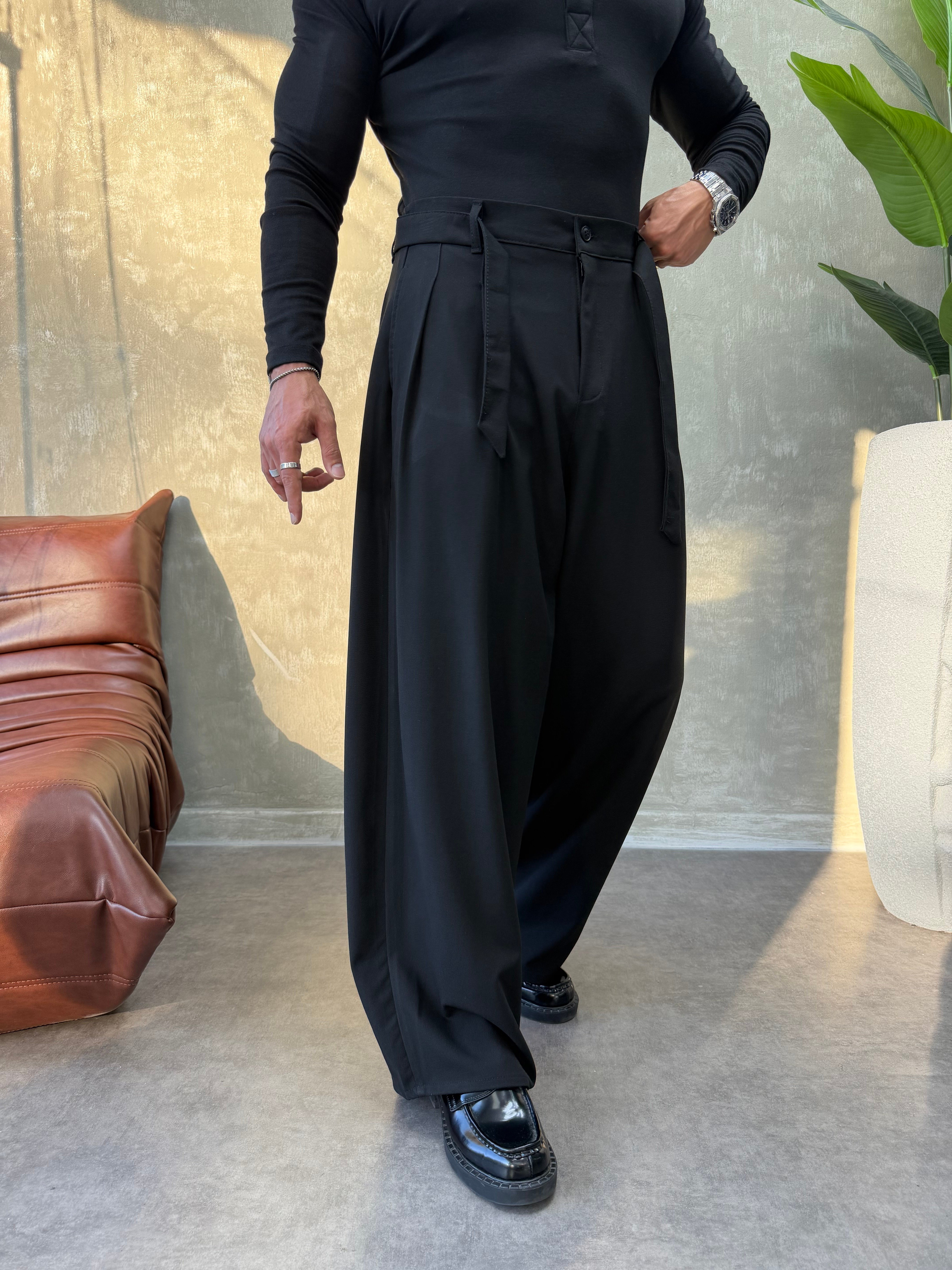 PREMIUM SERİ KEMER DETAYLI KORE KESİM PANTOLON SİYAH