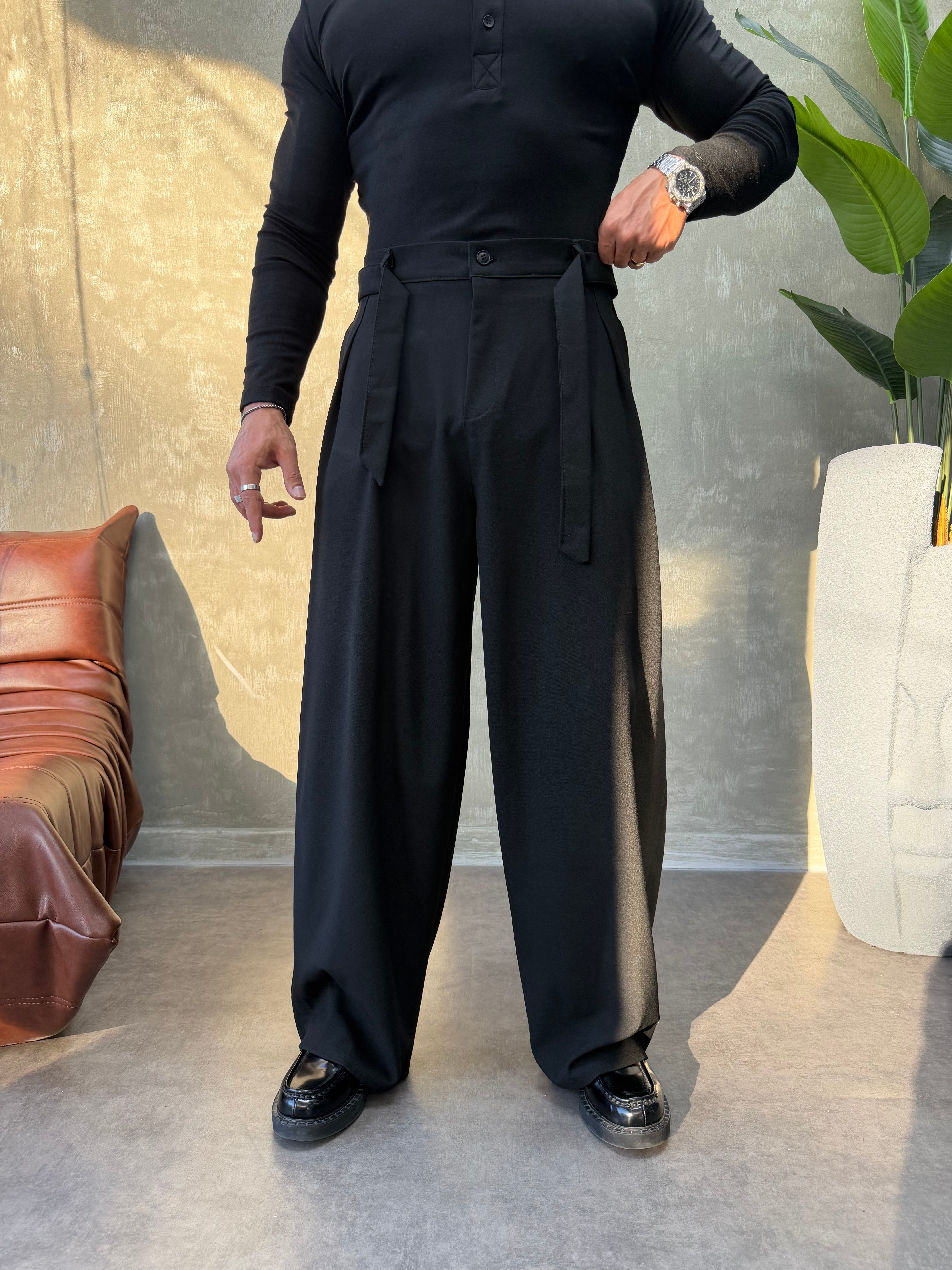 PREMIUM SERİ KEMER DETAYLI KORE KESİM PANTOLON SİYAH