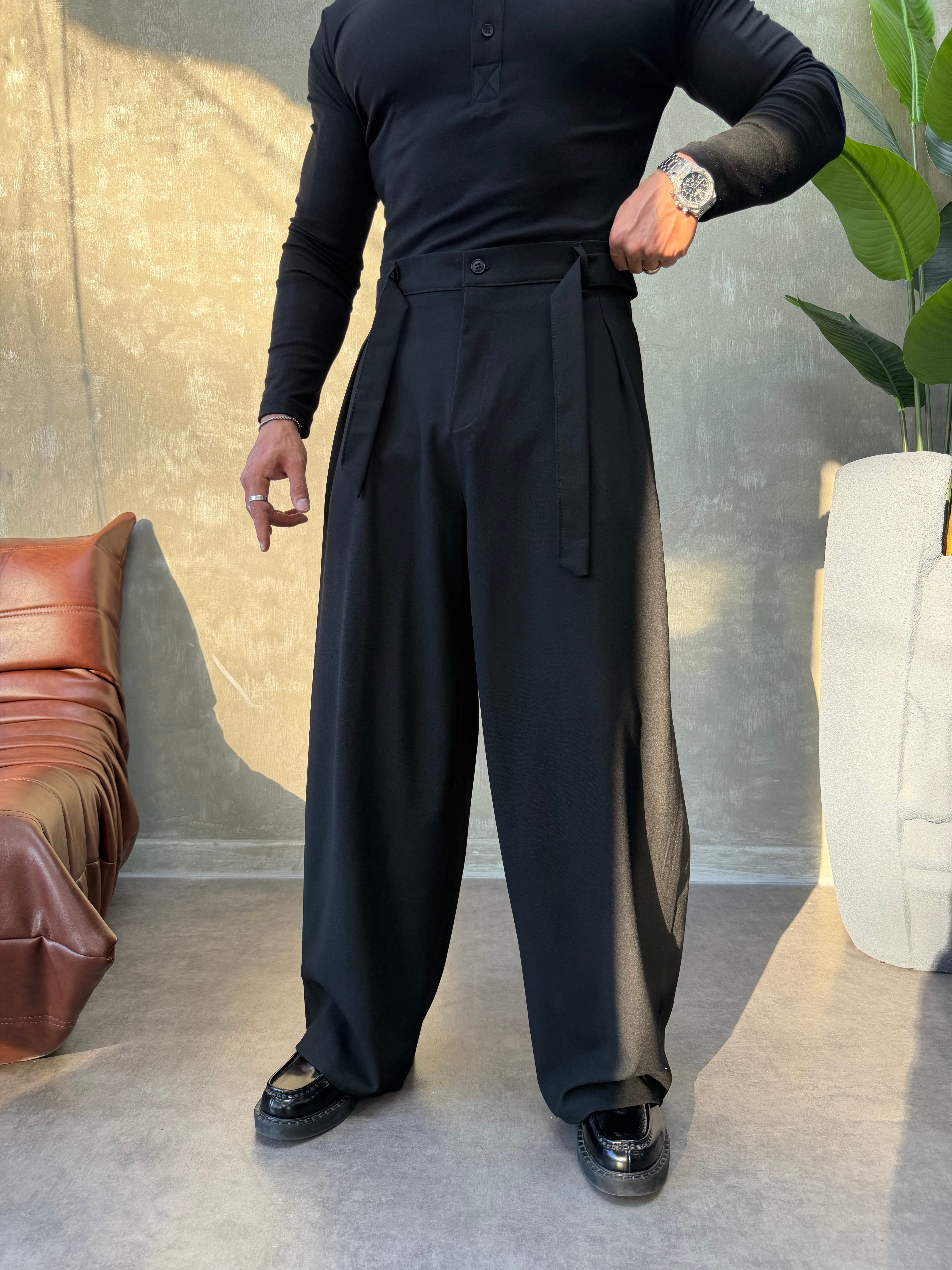 PREMIUM SERİ KEMER DETAYLI KORE KESİM PANTOLON SİYAH