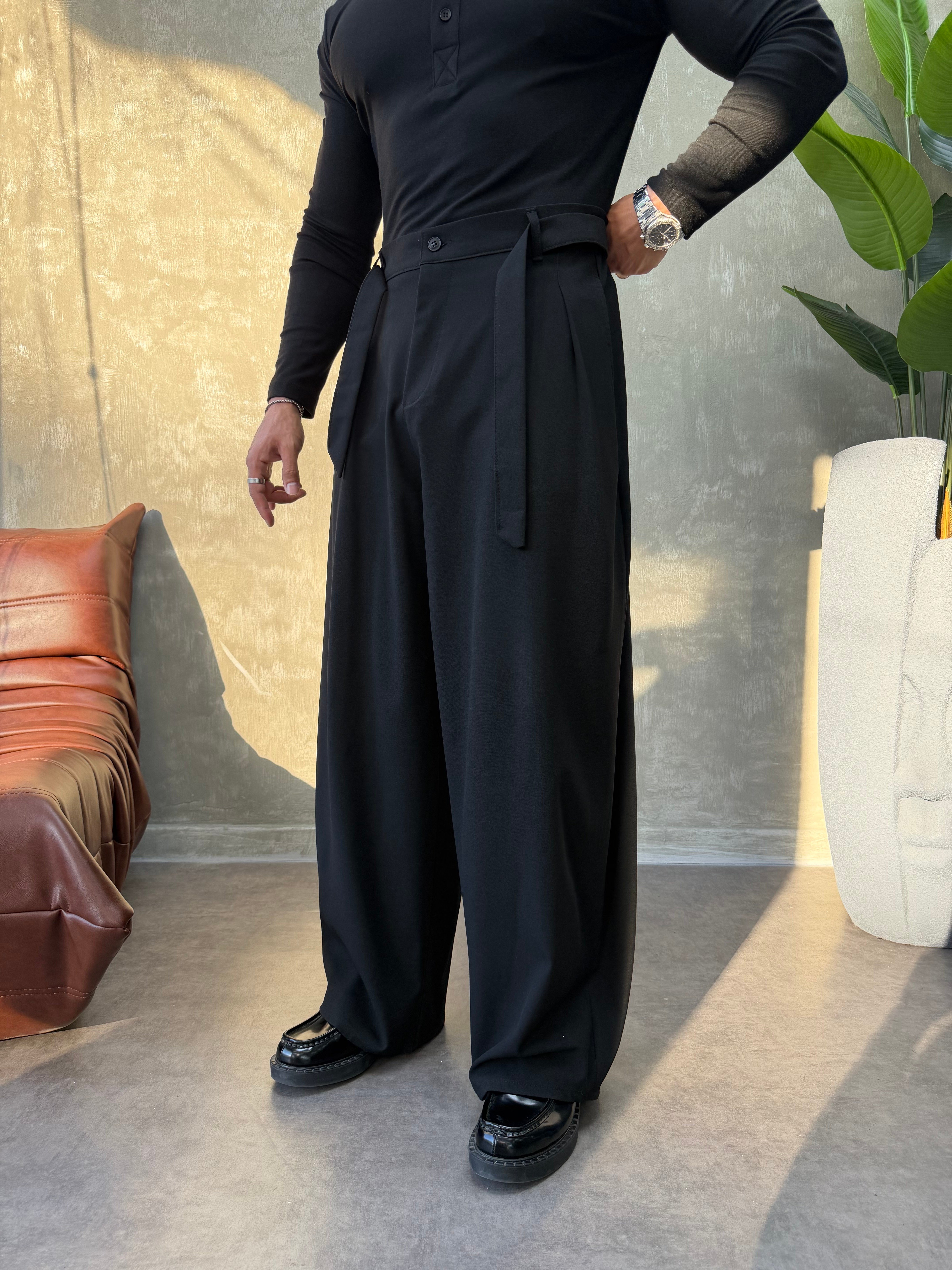PREMIUM SERİ KEMER DETAYLI KORE KESİM PANTOLON SİYAH