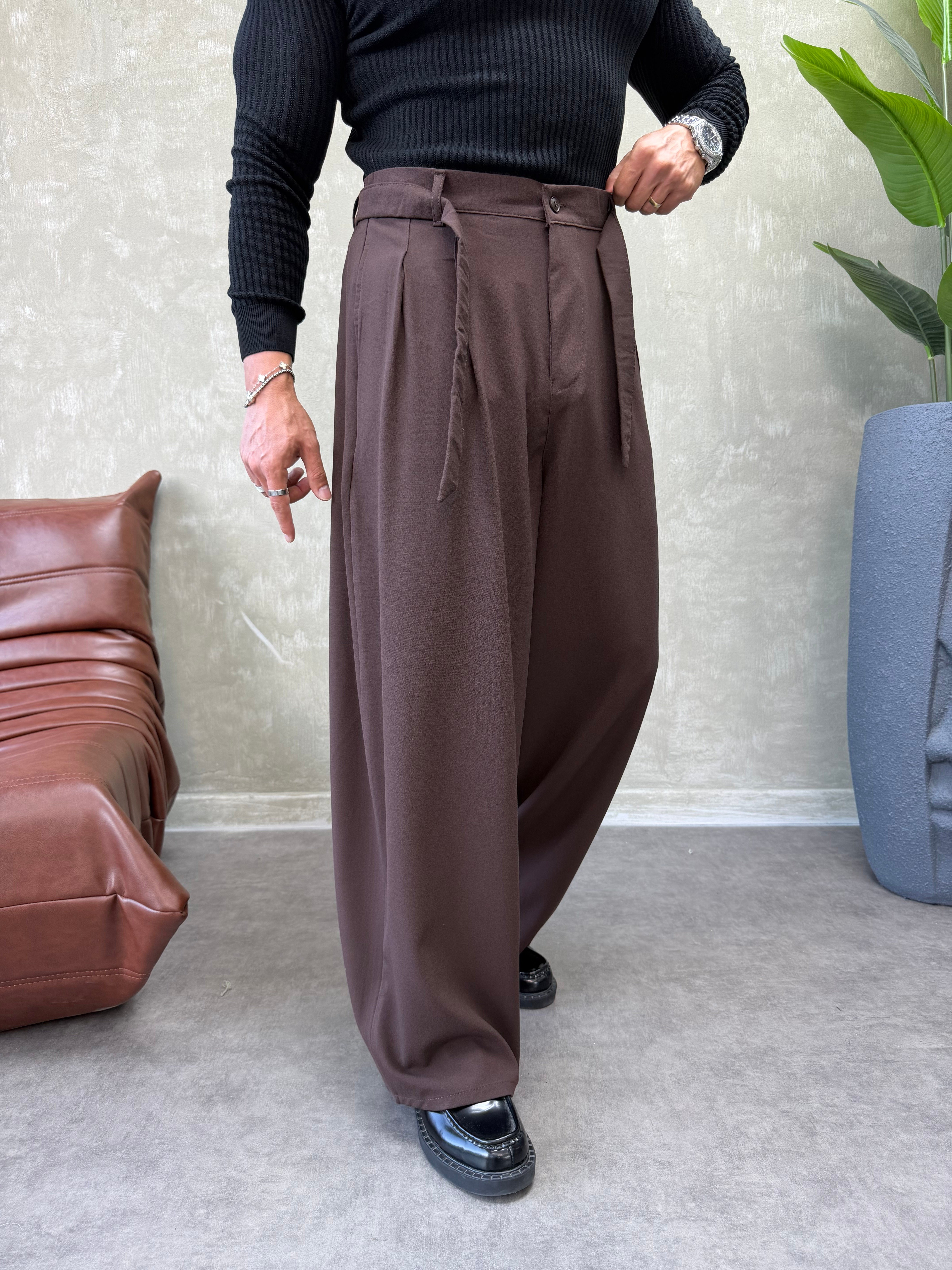 PREMIUM SERİ KEMER DETAYLI KORE KESİM PANTOLON KAHVERENGİ 