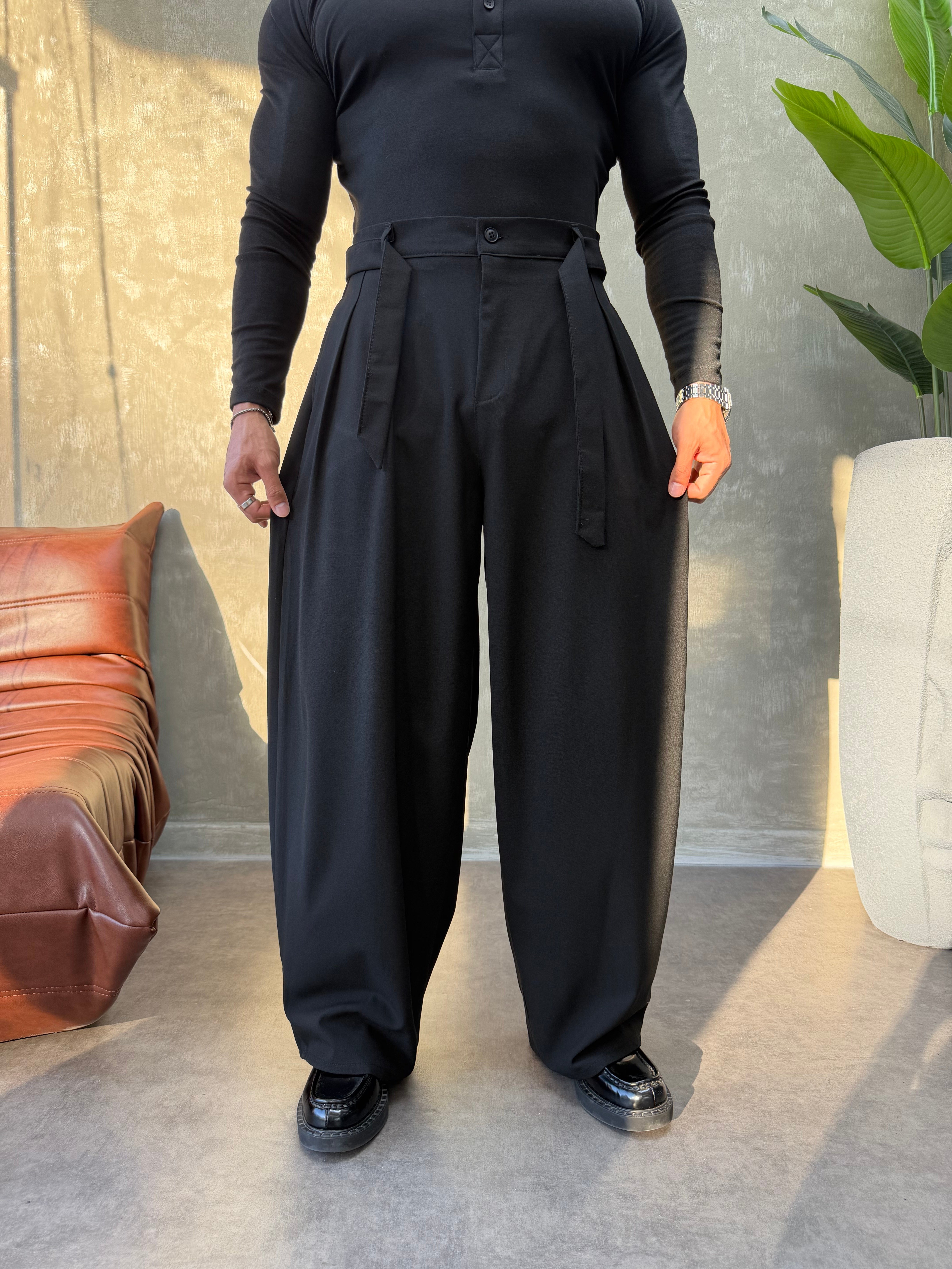 PREMIUM SERİ KEMER DETAYLI KORE KESİM PANTOLON SİYAH