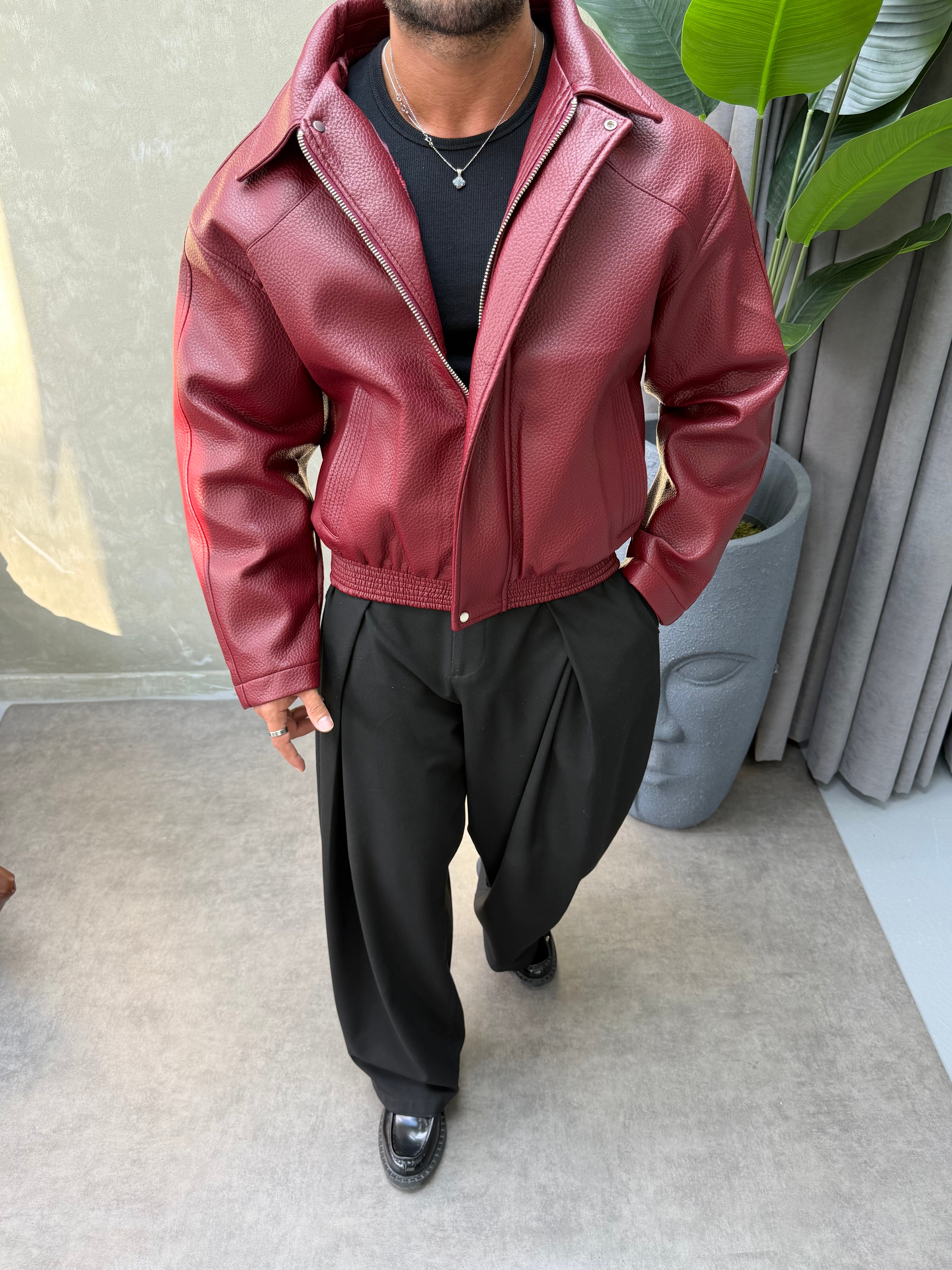 PREMIUM SERİ OVERSIZE YIKAMALI DERİ MONT BORDO