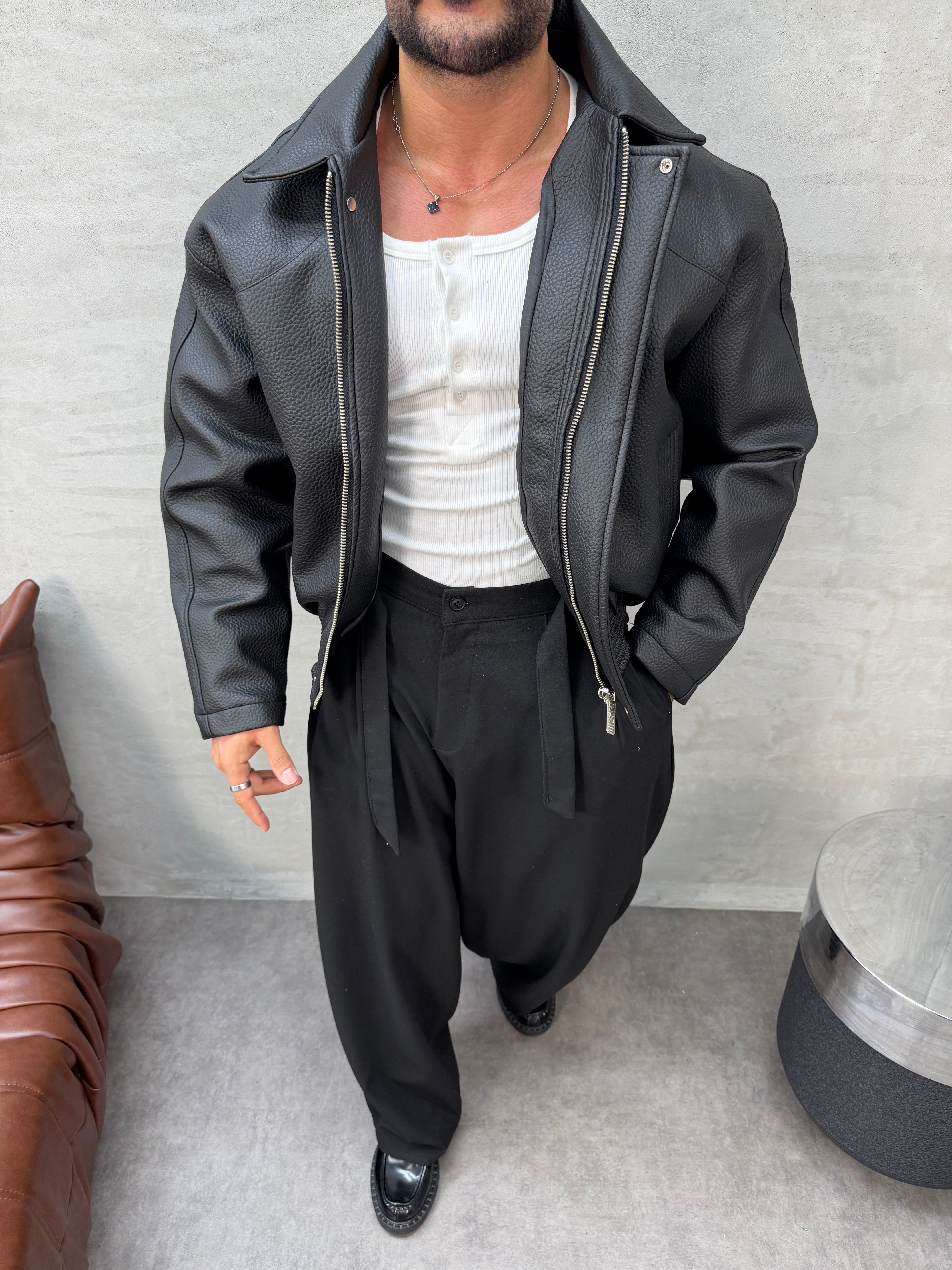 PREMIUM SERİ OVERSIZE YIKAMALI DERİ MONT SİYAH