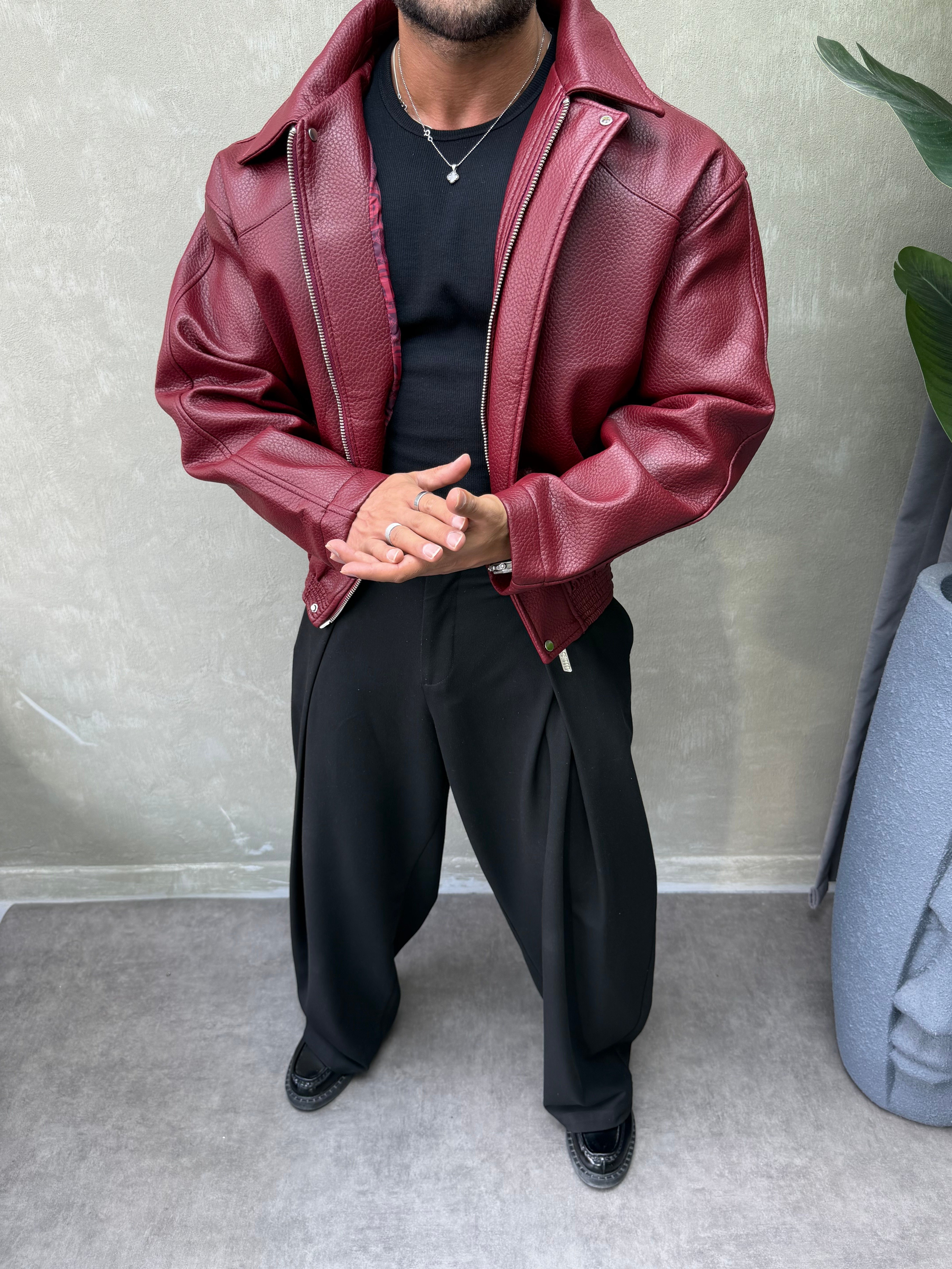 PREMIUM SERİ OVERSIZE YIKAMALI DERİ MONT BORDO