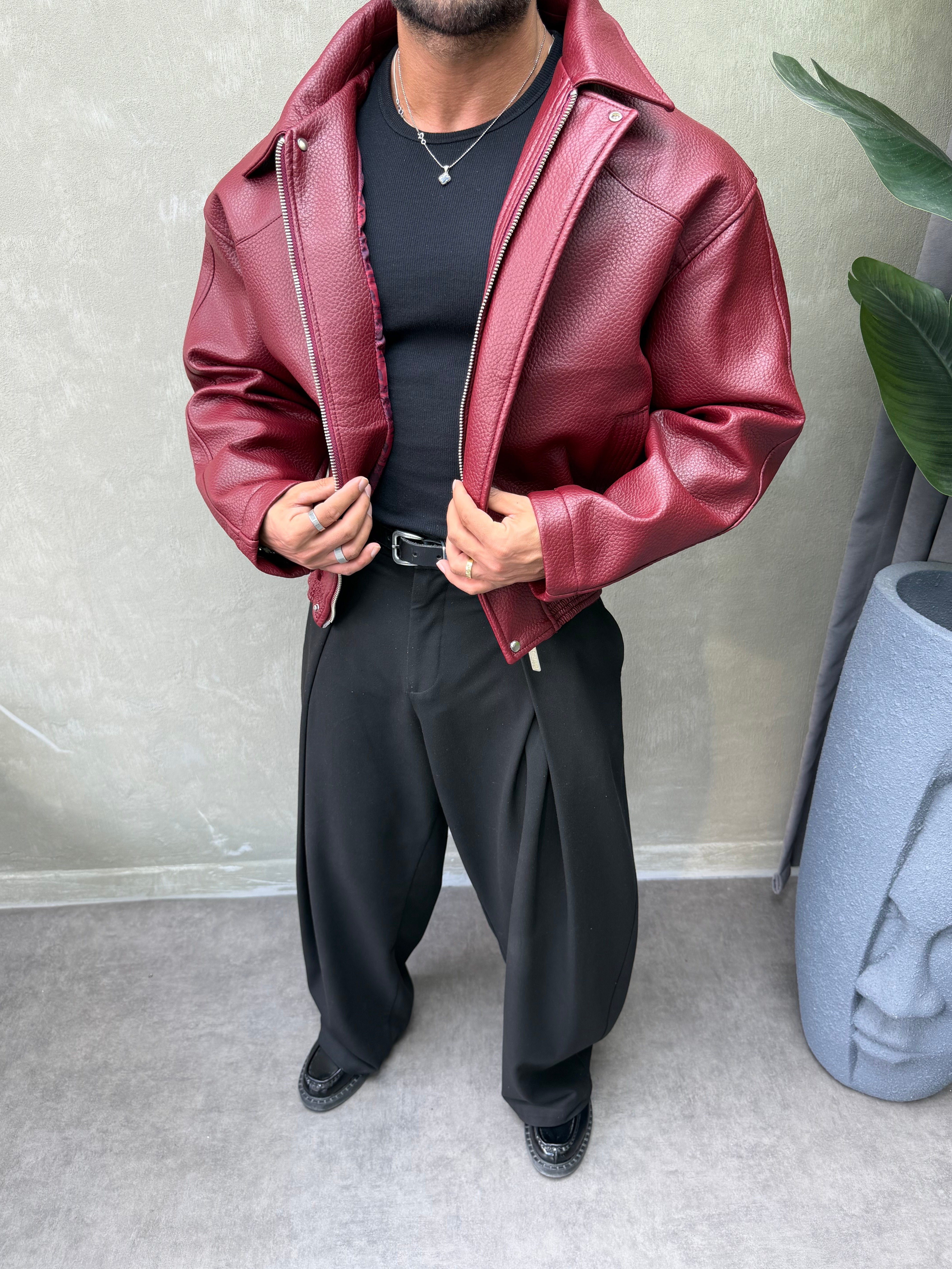 PREMIUM SERİ OVERSIZE YIKAMALI DERİ MONT BORDO