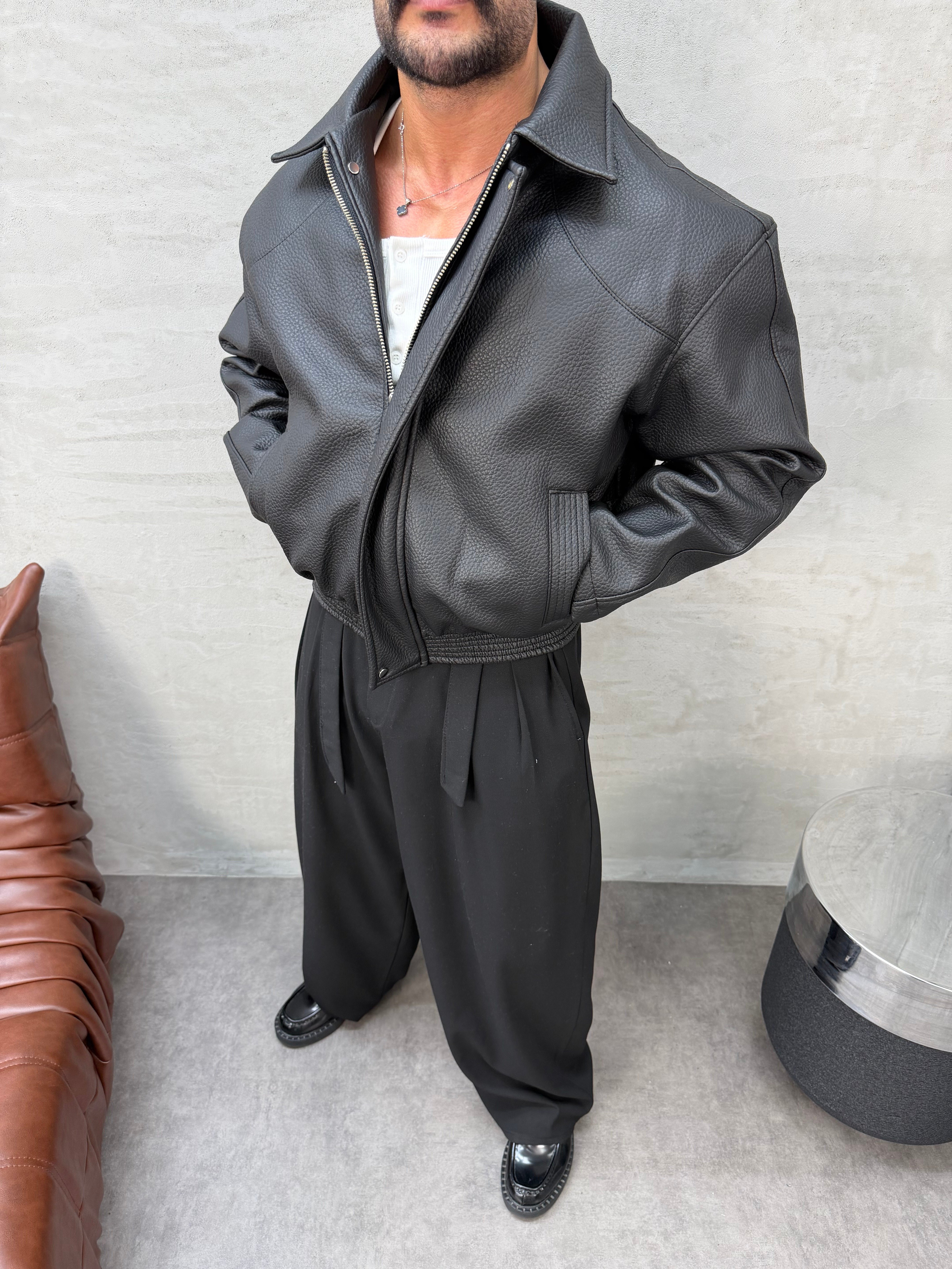 PREMIUM SERİ OVERSIZE YIKAMALI DERİ MONT SİYAH